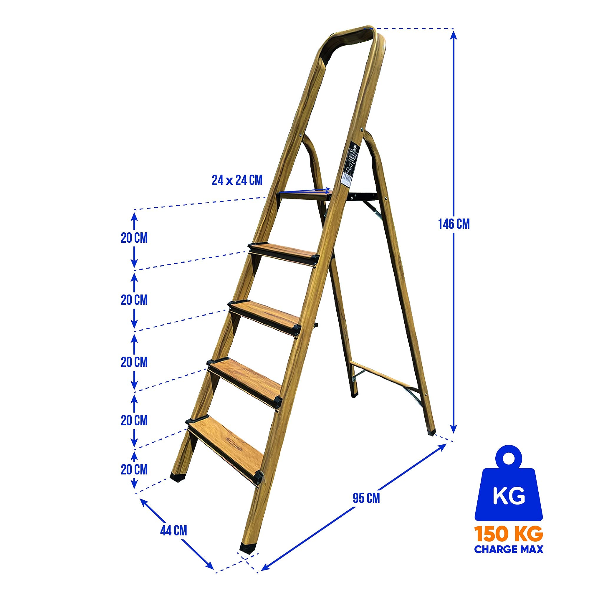 KELI - Escabeau Domestique, Marchepied, Fabriqué en Aluminium Finition Bois (Chêne Naturel) (5 Marches (Hauteur de Travail 2,47))