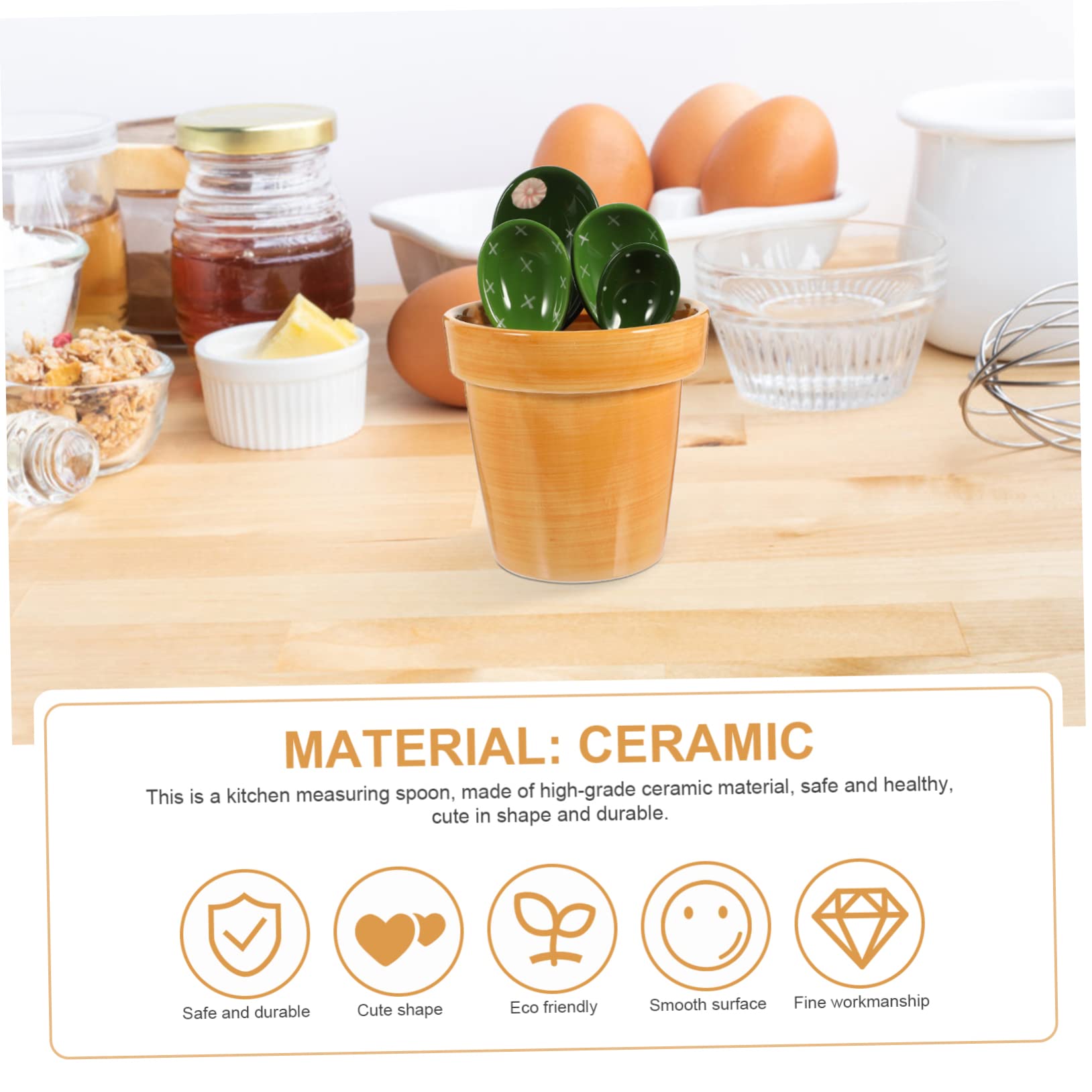 PRETYZOOM Juego de Cucharas Medidoras Forma de Cactus y Maceta de Cerámica Capacidad 290ml, Soporte para Ingredientes Secos y Líquidos en Cocina
