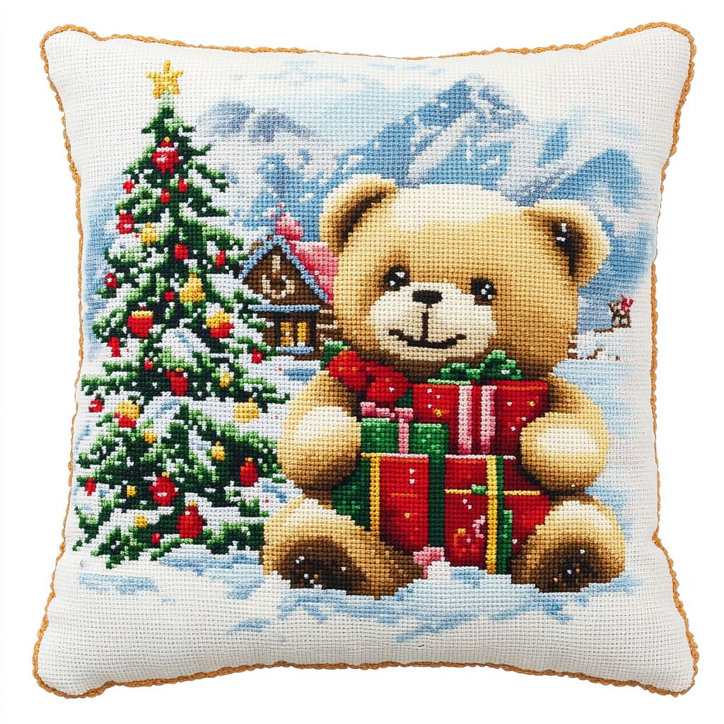 Ambattery E Cross Stitch Pillow Kit, Winter Christmas Tre And Bear Diy Needlework Kit Mbroidery Pillow Canvas Cushion Cross Stitch Pillowcas Diy Printed Cross Stitch Pillow Kits 45X45cm