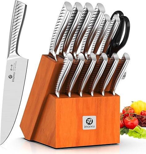 imarku® Juego de cuchillos, juego de 14 piezas para cocina con bloque, juego de cuchillos de cocina de una pieza premium con afilador, juego de