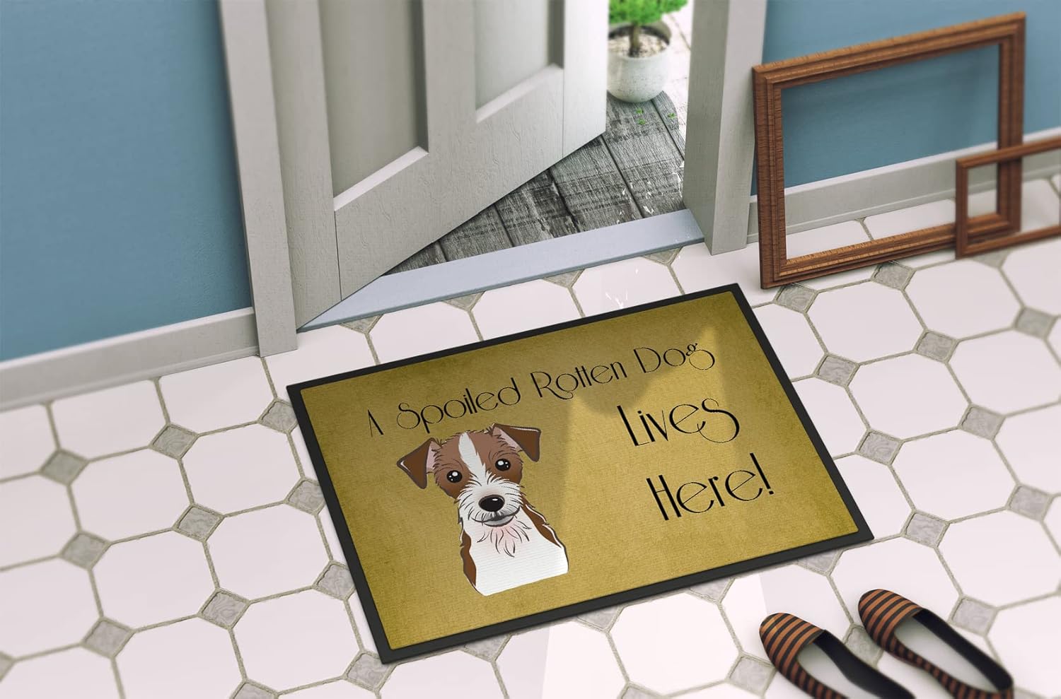 Caroline's Treasures BB1450JMAT Jack Russell Terrier Spoiled Dog Lives Here Doormat 24x36 Front Door Mat Indoor Outdoor Rugs for Entryway, Non Slip Washable Low Pile, 24H X 36W