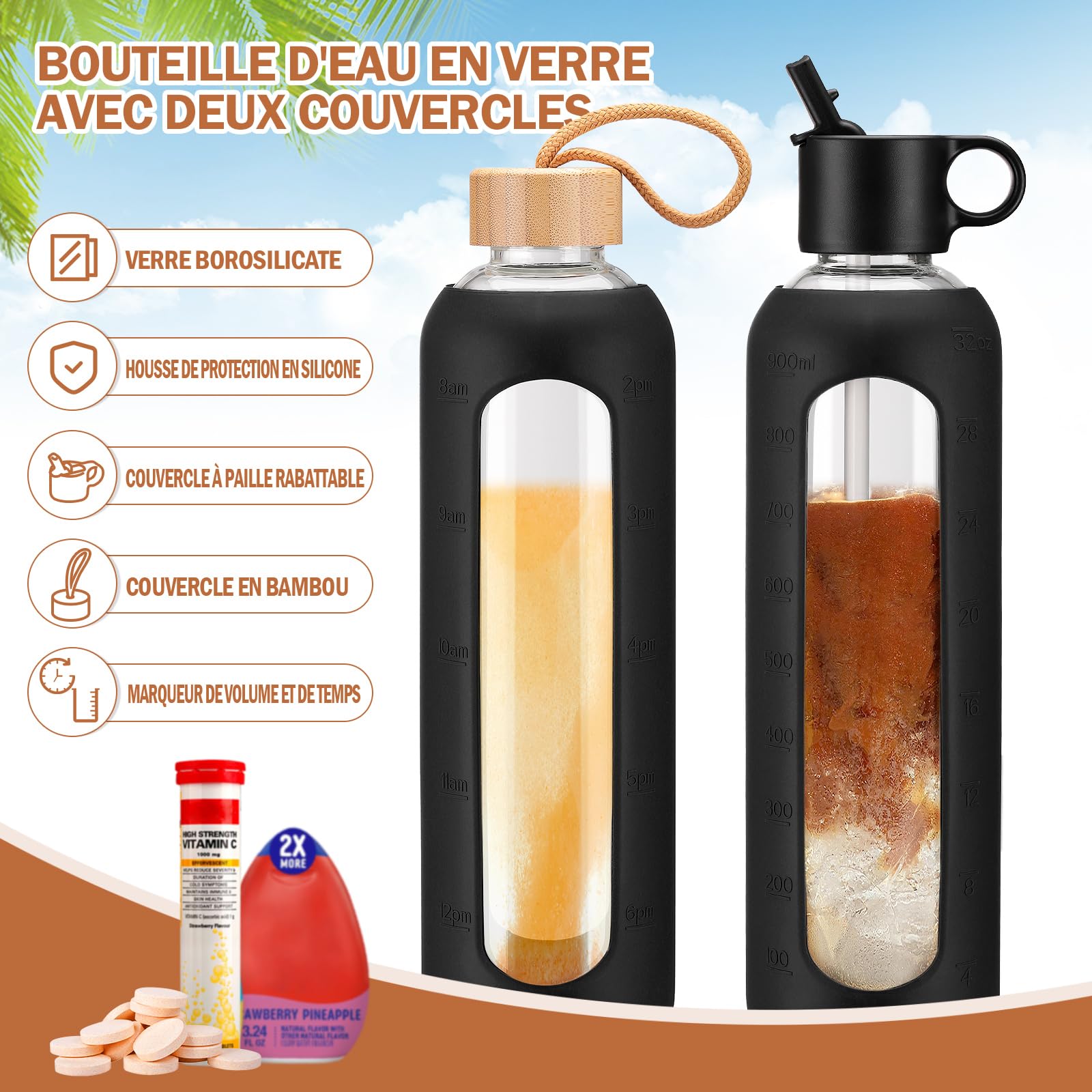 HYDRAGLAZIC 1900 ml glazen drinkfles met rietje en roestvrijstalen handvat, halve gallon motiverende waterfles met siliconen houder en tijdmarkering, bewaakt uw dagelijkse waterflessen, wit