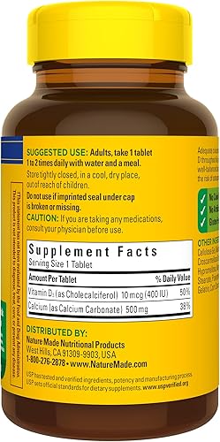 Miniatura 9 de Nature Made Calcio 500 mg con vitamina D3 suplemento dietético para soporte óseo 130 tabletas