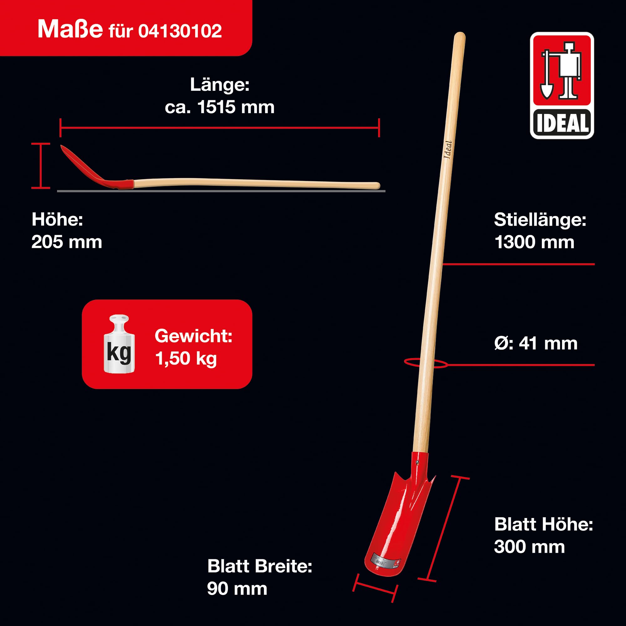 RUHR-BRILLANT Rinnenschaufel | zur Reinigung von Entwässerungsrinnen DN100 & schmalen Gräben | spezialgehärtetes Schaufelblatt aus Vergütungsstahl, rot pulverbeschichtet, mit Eschen-Langstiel 130 cm