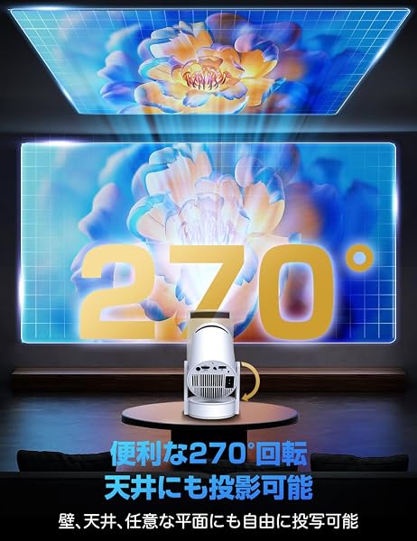 FALIYORS小型プロジェクターの本体、270°回転スタンドと自動台形補正機能を示すクローズアップ。