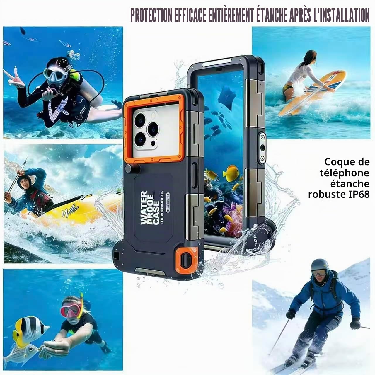 Étui de téléphone de plongée sous-marine pour iPhone 15/14/13/12/11 Pro Max, Samsung Galaxy S24/S23/S22/S21 Plus, ultra universel, [15 m] Étui étanche professionnel pour plongée sous-marine - Orange