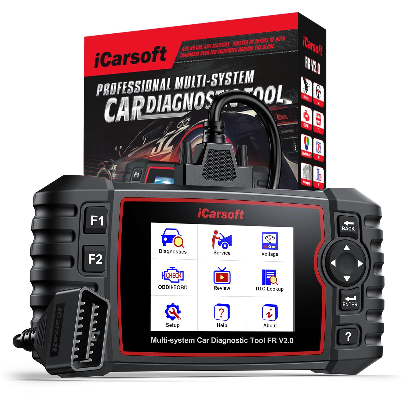 iCarsoft FR V2.0 OBD2 Máquina Diagnosis Coche para Renault/Citroen/Peugeot/Fiat/Dacia/Alfa Romeo, Escáner de Todo el Sistema, 9 Funciones Reinicio, Prueba de Batería, Actualización de por Vida