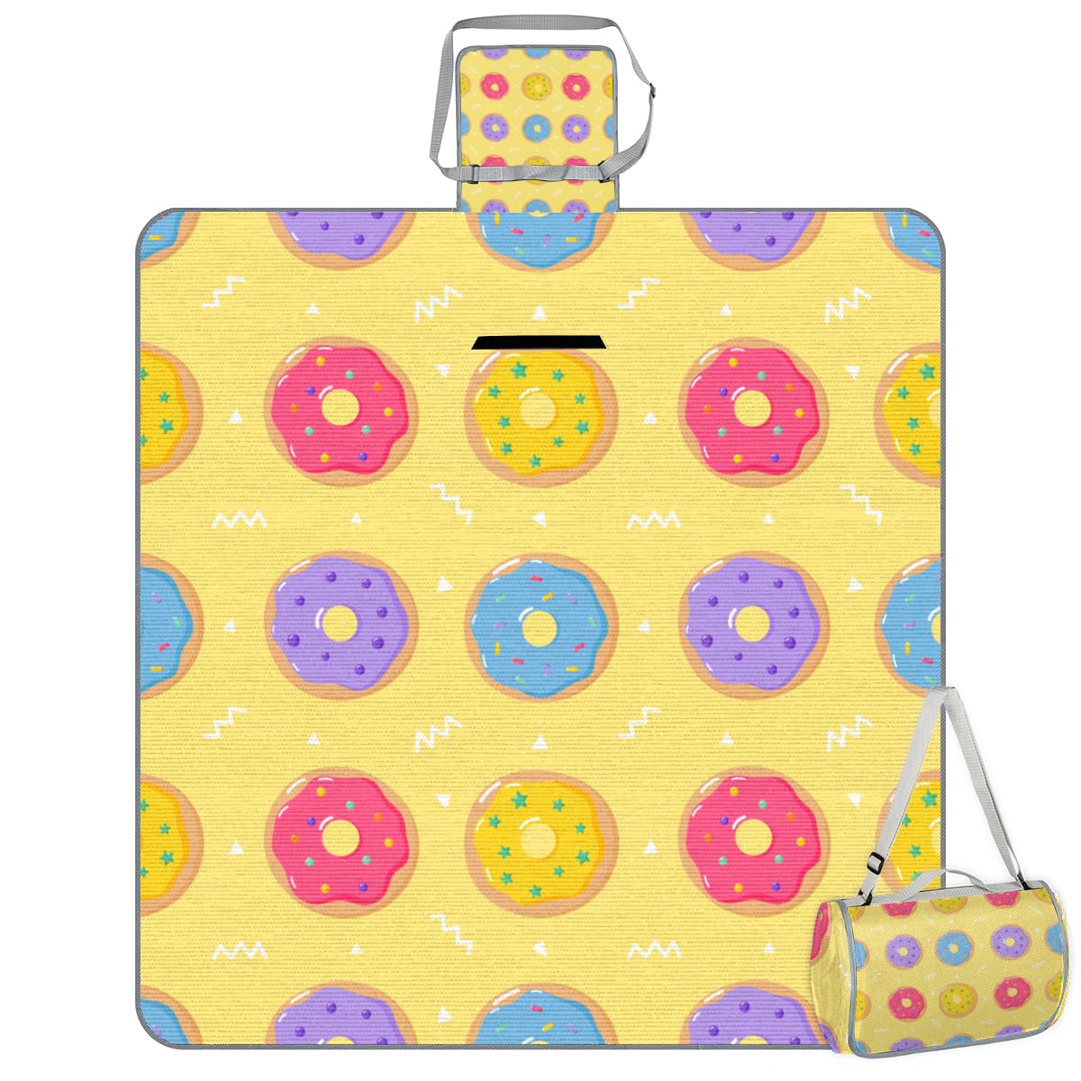 Shimoshe Picnic Blankets 57”x 59”, Yellow Background Donut Waterproof Sandproof Picnic Mat Lightweight Foldable Beach Blanket for Camping Park Grass Beach Outdoor Blanket