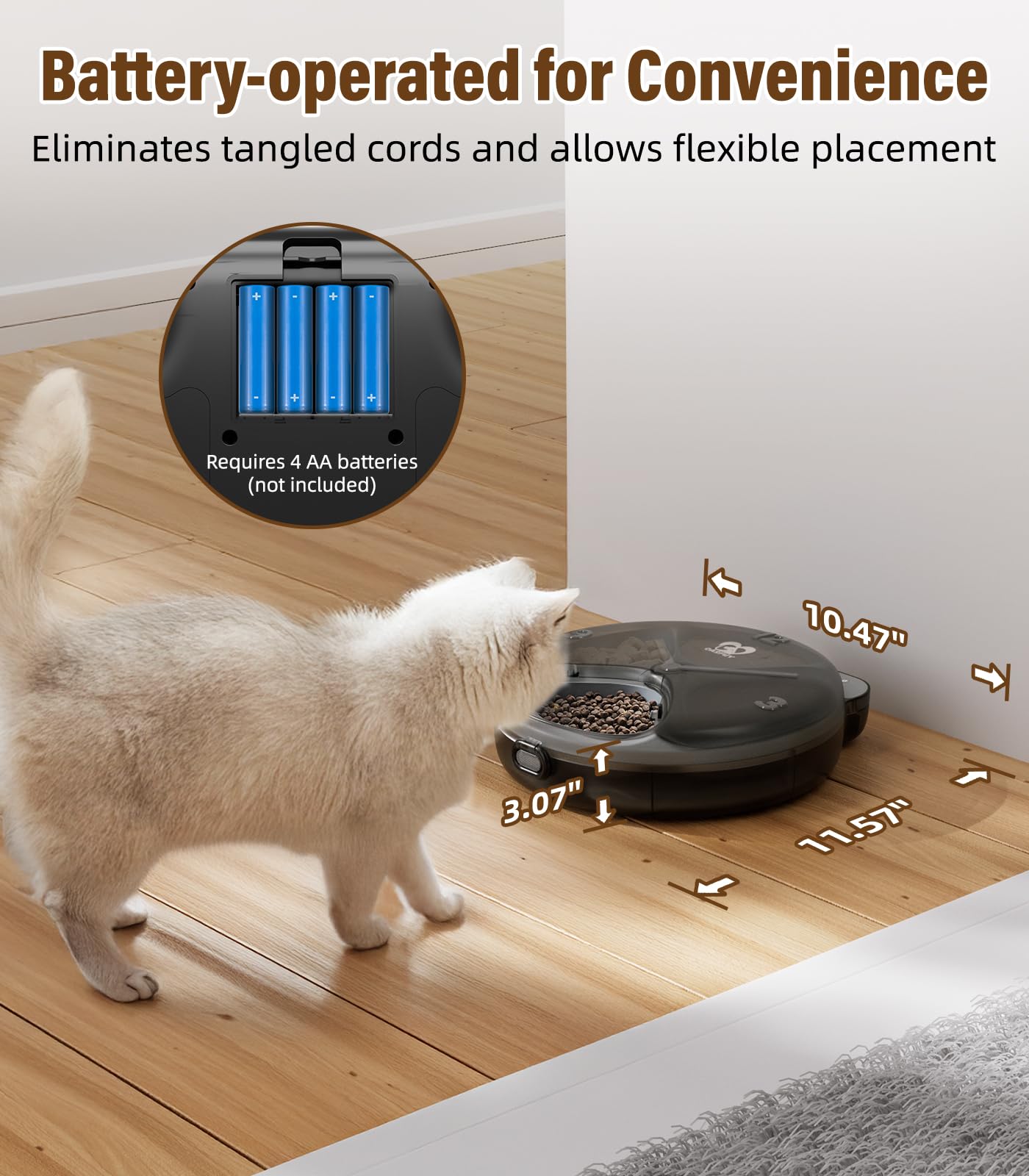 Casfuy Battery-Operated Automatic Cat Feeder - Whisker Friendly Automatic Cat Food Dispenser for Wet Dry Food Cordless 4-Meal Auto Feeder for Cats Small Dogs with Programmable 12H/24H Format Timer - image 4