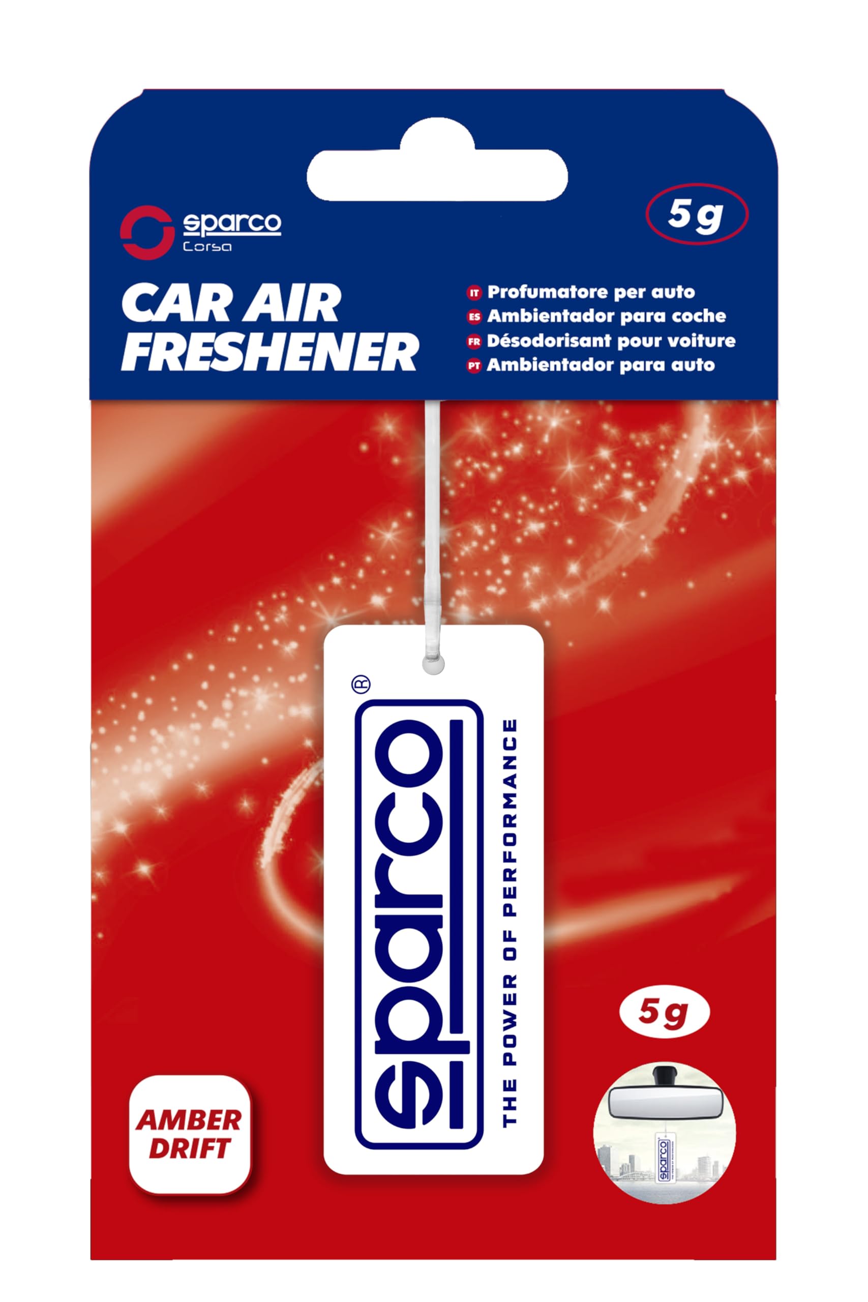 Sparco Cellulose Car Air Freshener with Hanging Hook, Amber Drift Fragrance, Woody and Spicy Scent, Up to 30 Days, 5 Grams