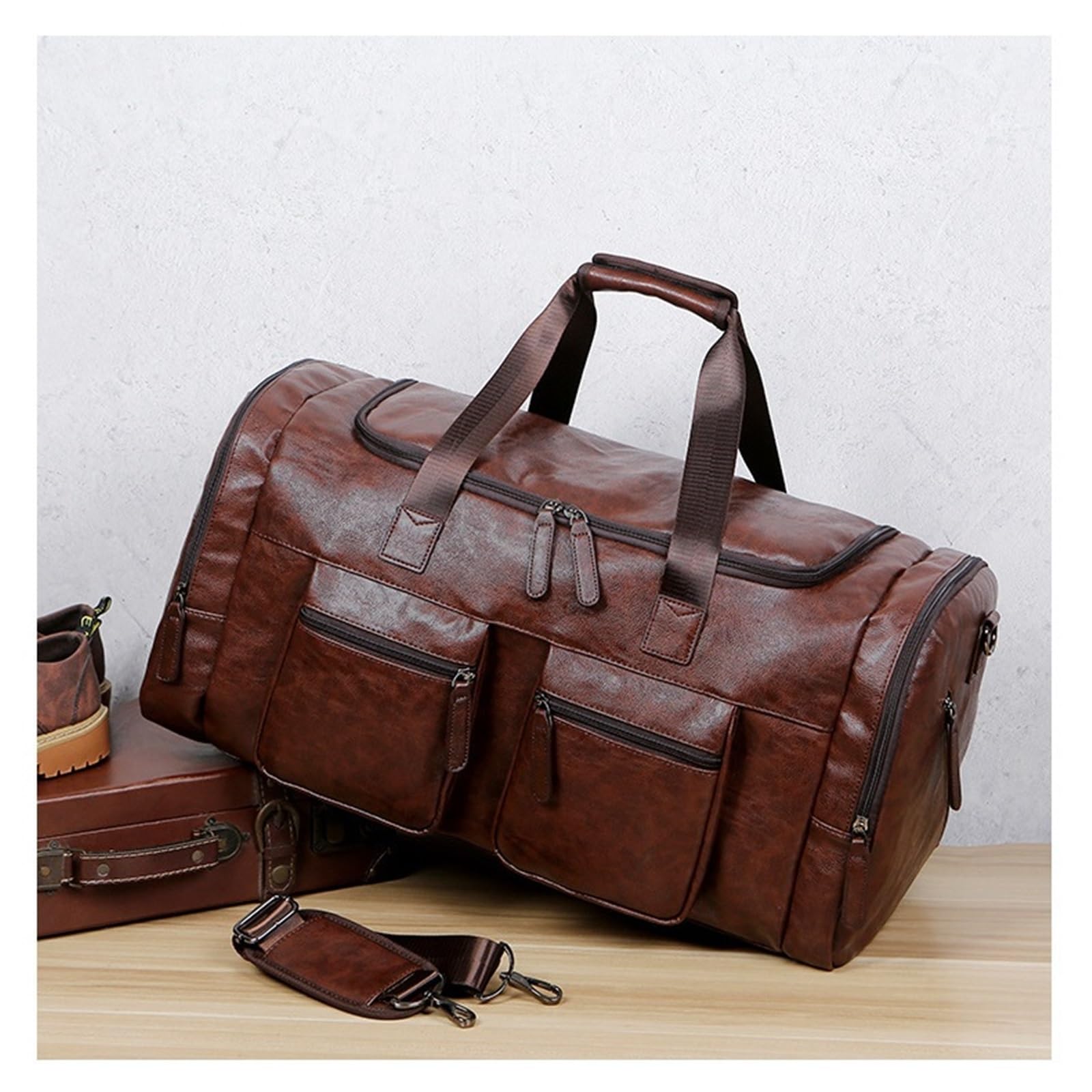 Retro męska torba podróżna ze skóry, pojemność na jedno ramię, na bagaż podręczny(Dark brown)