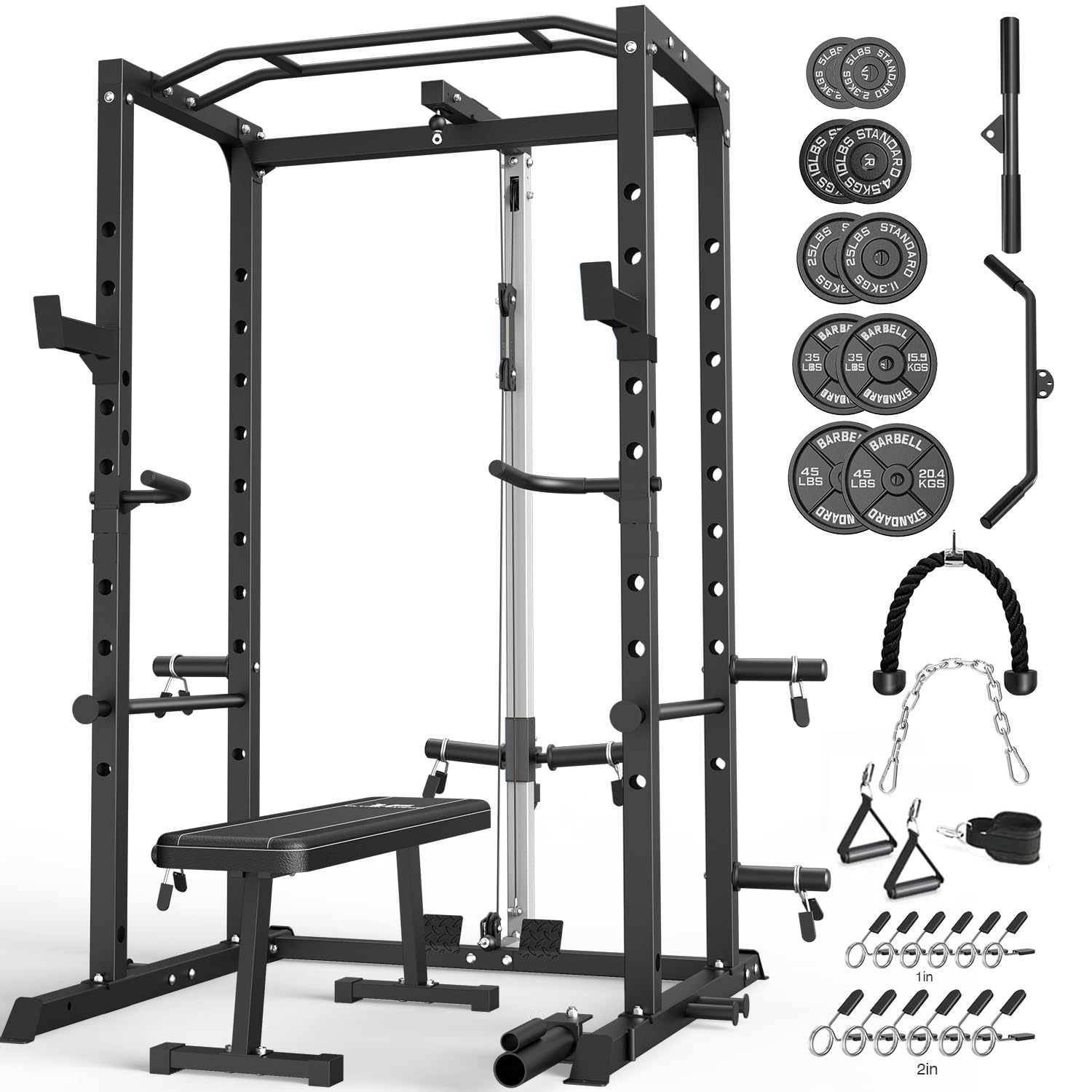 ULTRA FUEGO Power Cage, Multi-Functional Power Rack with J-Hooks, Dip Handles, Landmine Attachment and Optional Cable Pulley System for Home Gym (Power Cage with 240LB Weights+Flat Bench Black, BLACK)