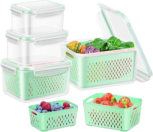 TBMax Paquete de 4 recipientes de almacenamiento de frutas para refrigerador, contenedores grandes para ahorrar productos con tapa y colador,