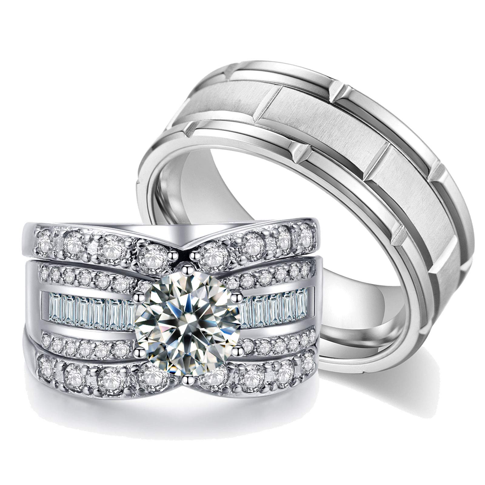 Ahloe Jewelry2.3Ct 18k White Gold Wedding Ring Sets for Him and Her Women Men Titanium Stainless Steel Bands Cz Couple Rings