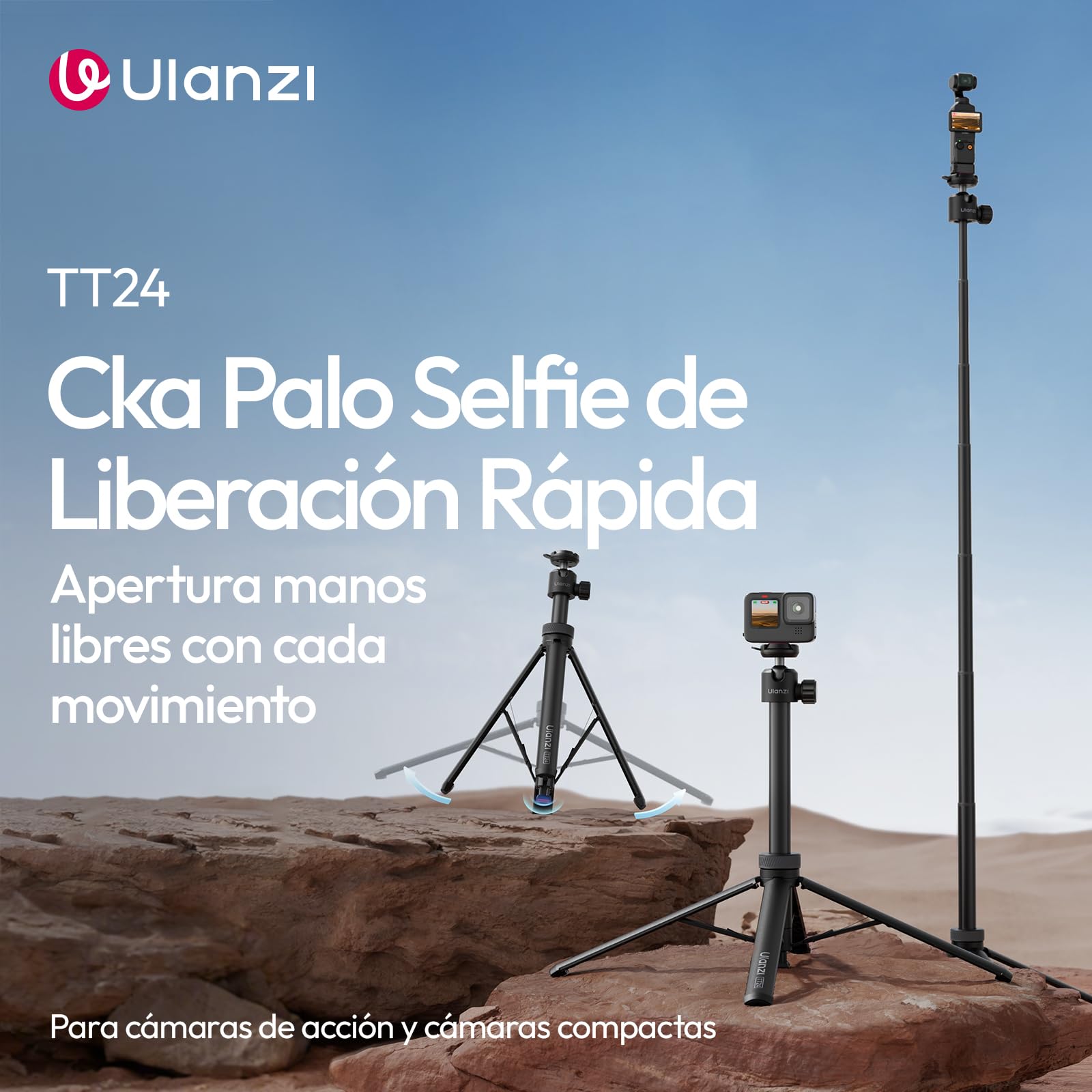 Ulanzi TT24 Trípode Palo Selfie con Liberación Rápida Cka para Cámara de Acción dji Pocket 3/4, dji Osmo Action 5 4, GoPro, Insta360 X5/X4/X3/Ace Pro/One X2, Accesorios para Cámara de Acción