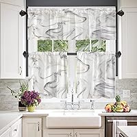 Vista 2 de BaoNews Cenefas de cocina de mármol abstracto blanco y gris para ventanas, cenefas opacas con ondas curvas, cortinas de poliéster multicapa