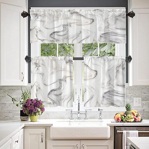 Miniatura 2 de BaoNews Cenefas de cocina de mármol abstracto blanco y gris para ventanas, cenefas opacas con ondas curvas, cortinas de poliéster multicapa para