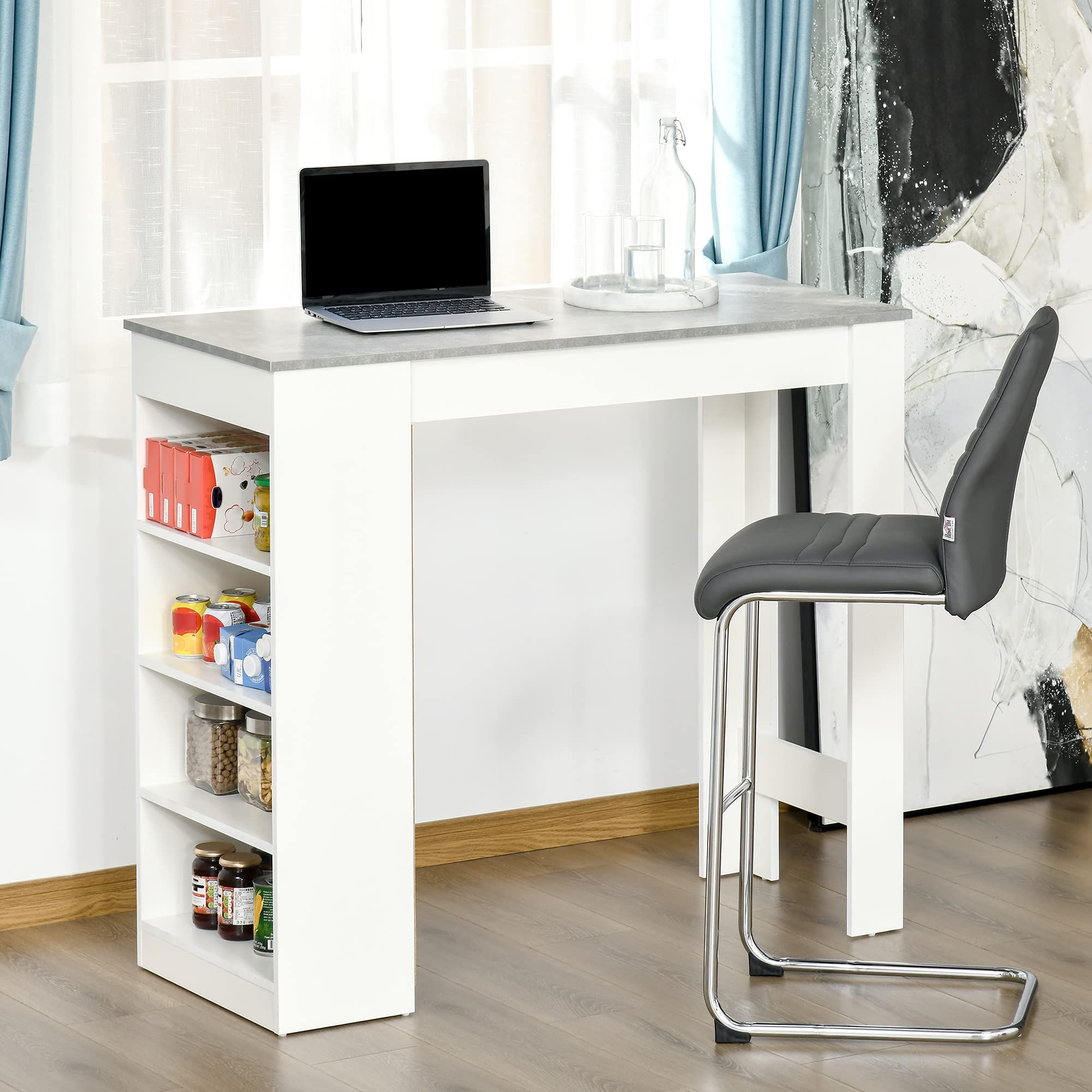 HOMCOM Mesa de Bar Mesa Alta con Estantería 115x50x102,7 cm Blanco y Gris | Tipo Bistró de Cocina, 4 Niveles, Estilo Moderno, Melamina, para Comedor Salón