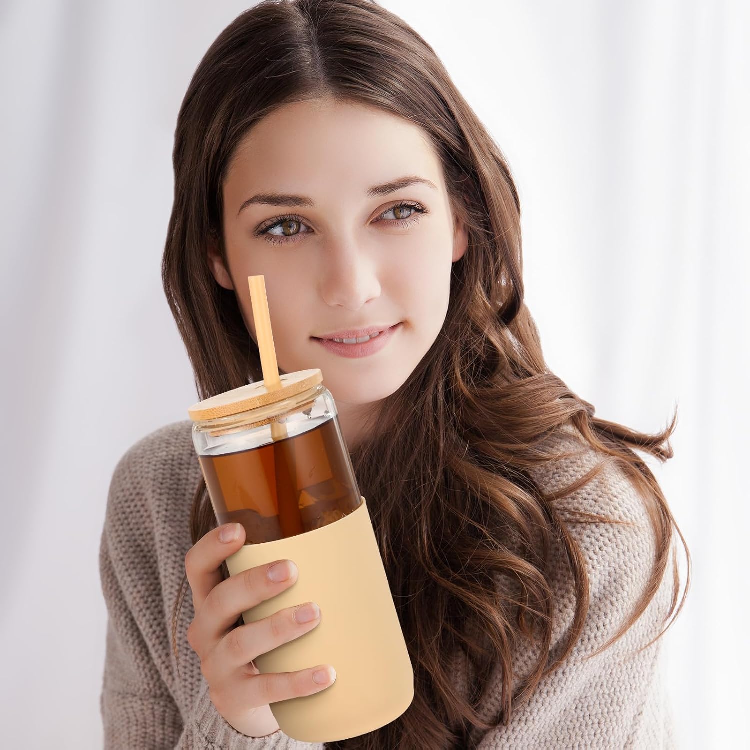 4 Pack 20 oz Glass Tumbler with Silicone Sleeve Iced Coffee Cups with Lids Straw Can Shaped Water Bottle for Valentines Spring Home Outdoor (Blue, Amber, Black, Pink) - Image 6