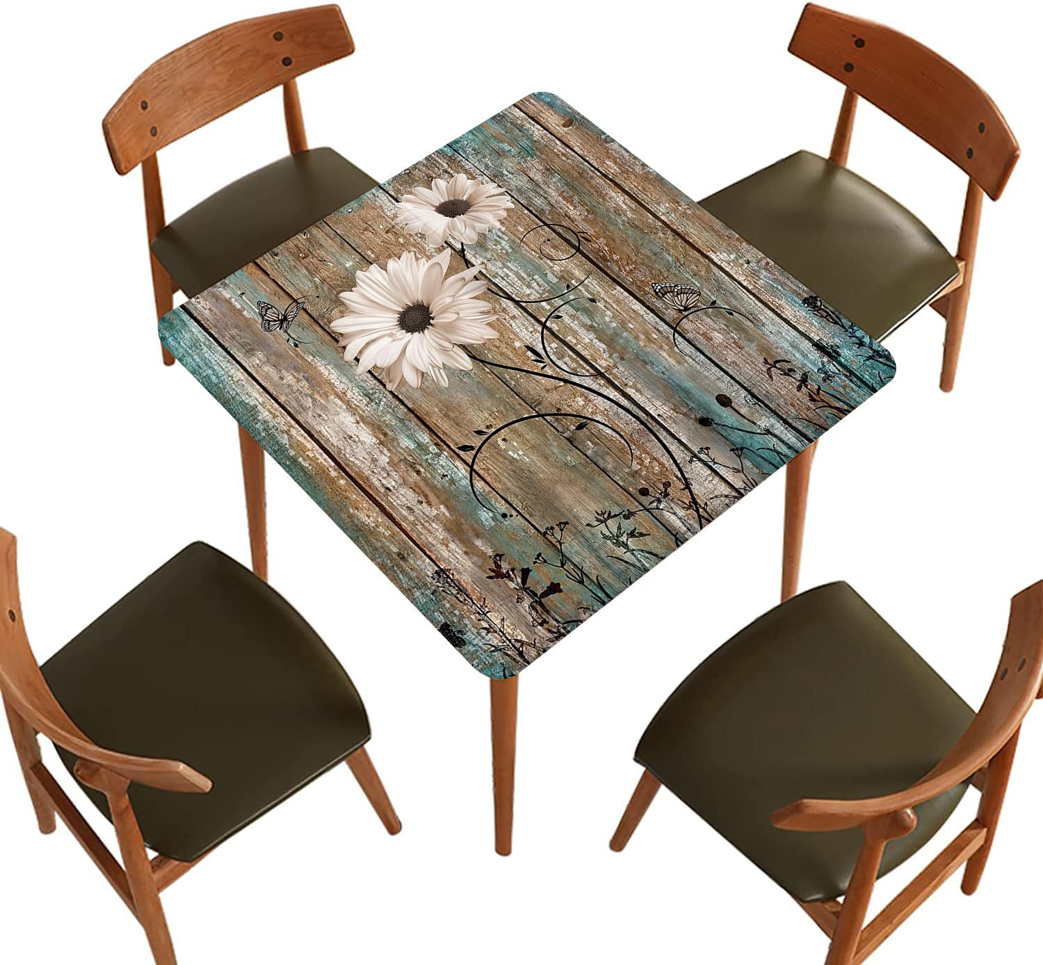 Floral Square Fitted Polyester Tablecloth, Wood Grain White Daisy Elastic Edge Home Decor Tablecloths, Waterproof Stain Resistant Table Clothes for
