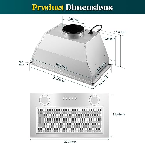 Miniatura 3 de Campana extractora de 20 pulgadas, campana de cocina integrada de 600 CFM, campana de estufa convertible sin conductos con filtro deflector de acero