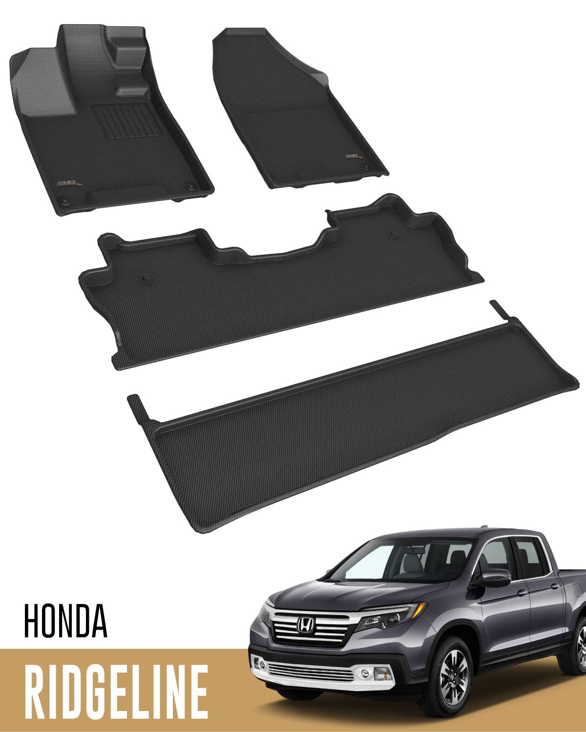3D MAXpider Custom Fit KAGU Floor Mat (BLACK) for 2017-2021 HONDA RIDGELINE - 1ST ROW 2ND ROW 3RD ROW
