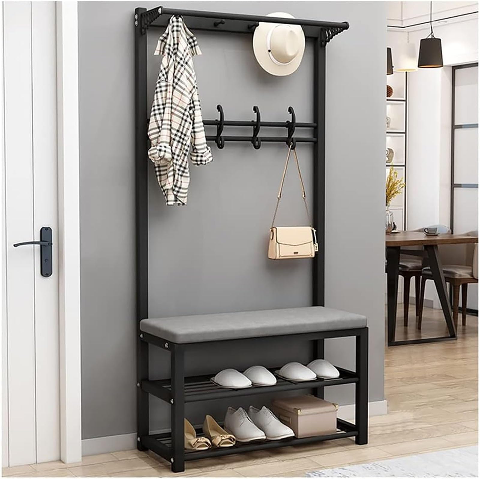 FGXHHS Freestanding Entryway Organizer with Bench, Shoe Storage, and Multiple Hooks for Space-Saving in Living Rooms Bedrooms