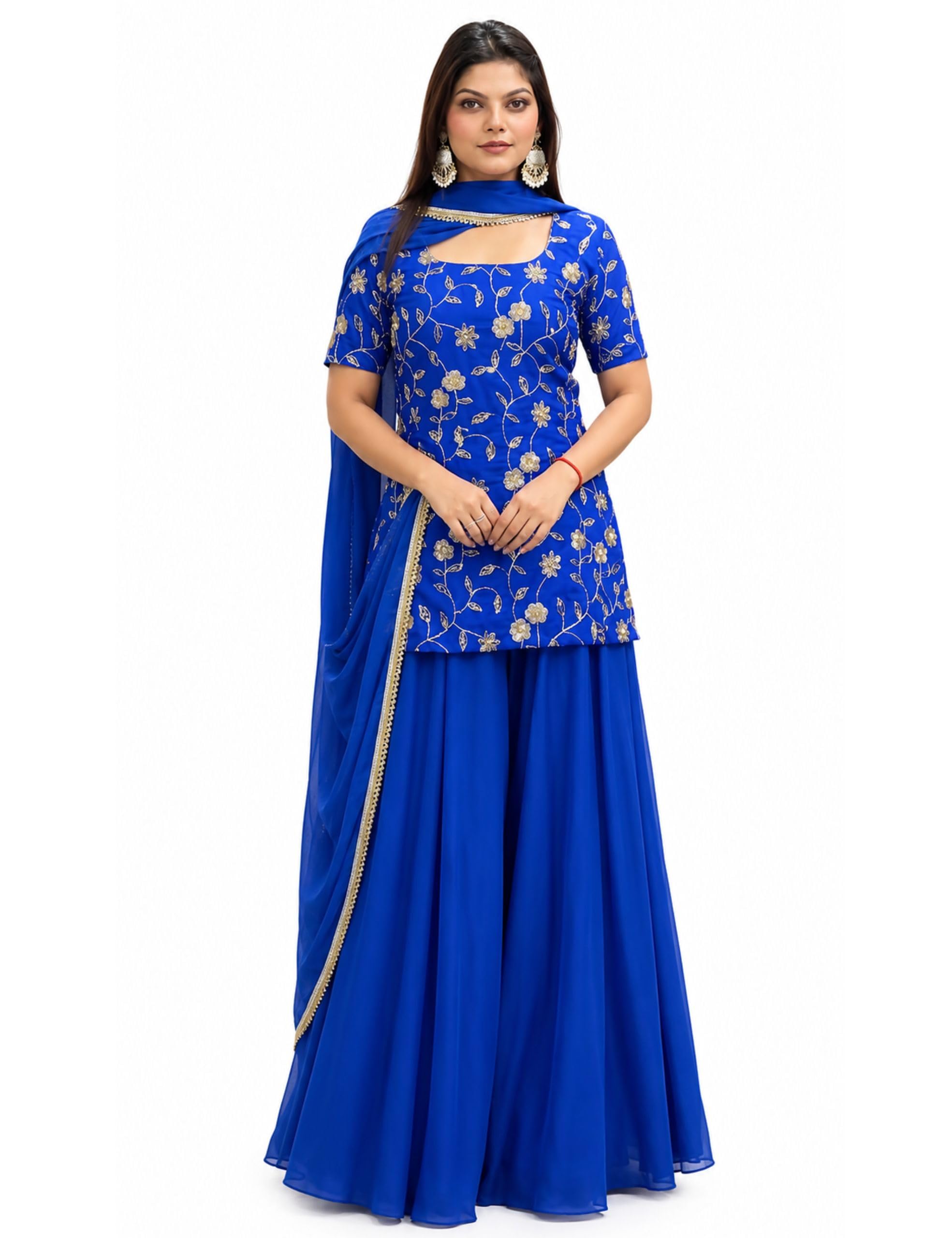 Women’s Floral Embroidered Short Kurti with Wide-Leg Palazzo Pants Set | Ethnic, Traditional Suit Set & Co-ord Outfit | Wedding & Party Outfit-image-36