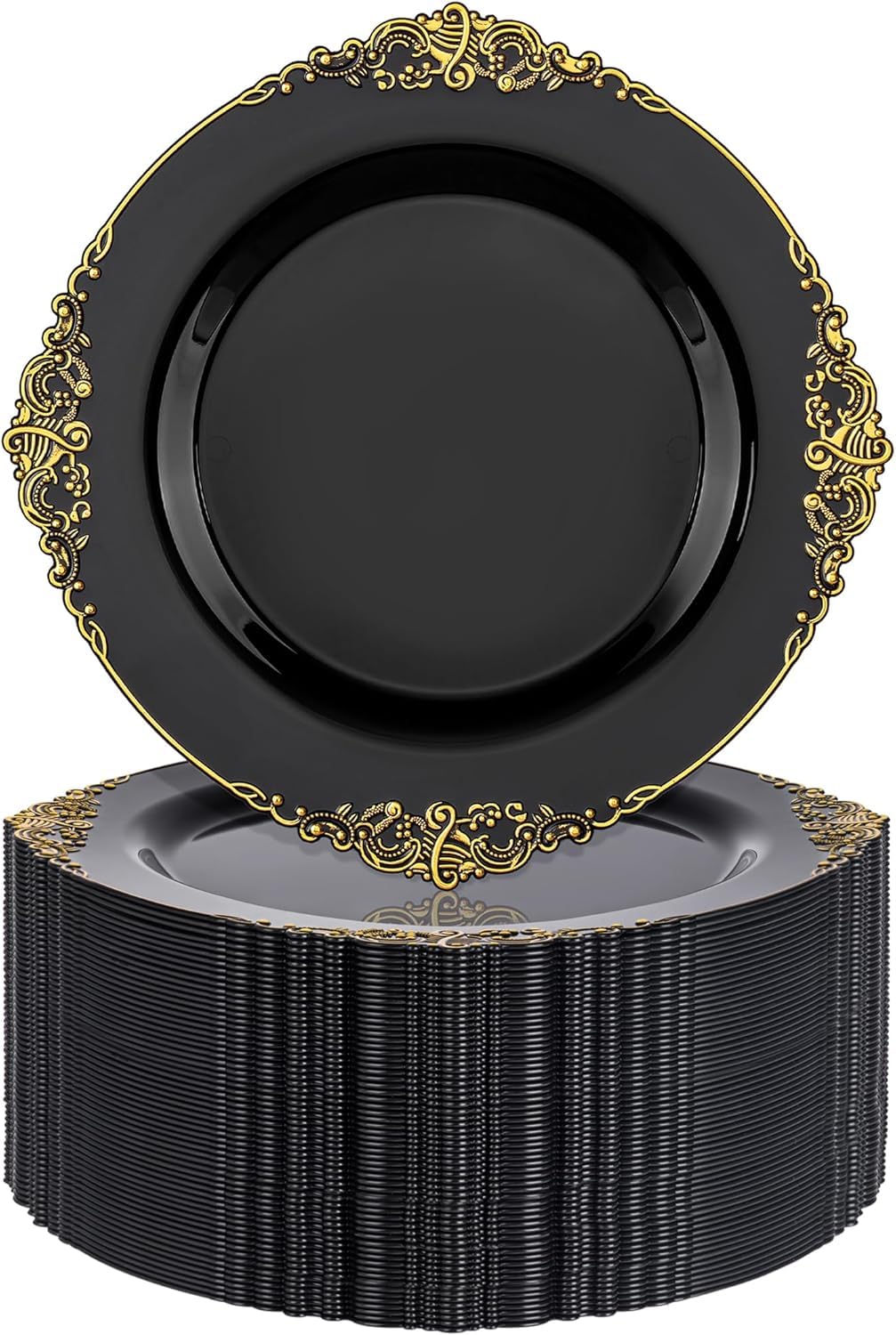 Photo 1 of Nervure 100PCS Black Gold Plastic Plates - 7.5 inch Black Plastic Plates with Gold Rim - Disposable Dessert Plates for Wedding & Party