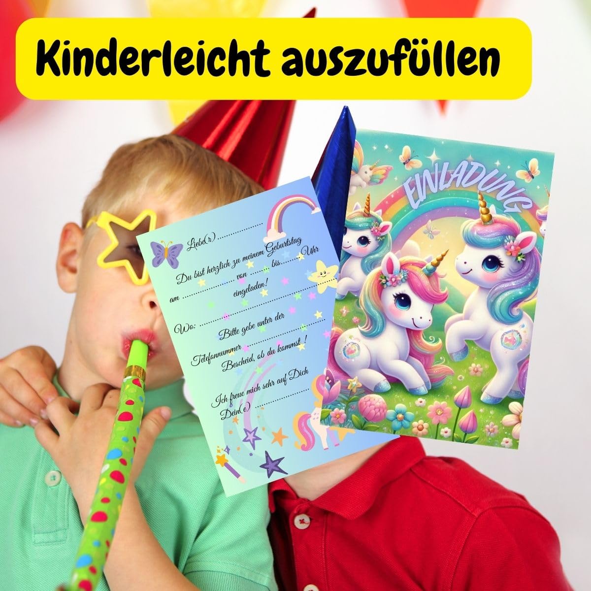 10 tarjetas de invitación para cumpleaños infantiles, unicornio | Invitaciones de unicornio para niños, 10 unidades para niños y niñas, cumpleaños inolvidables