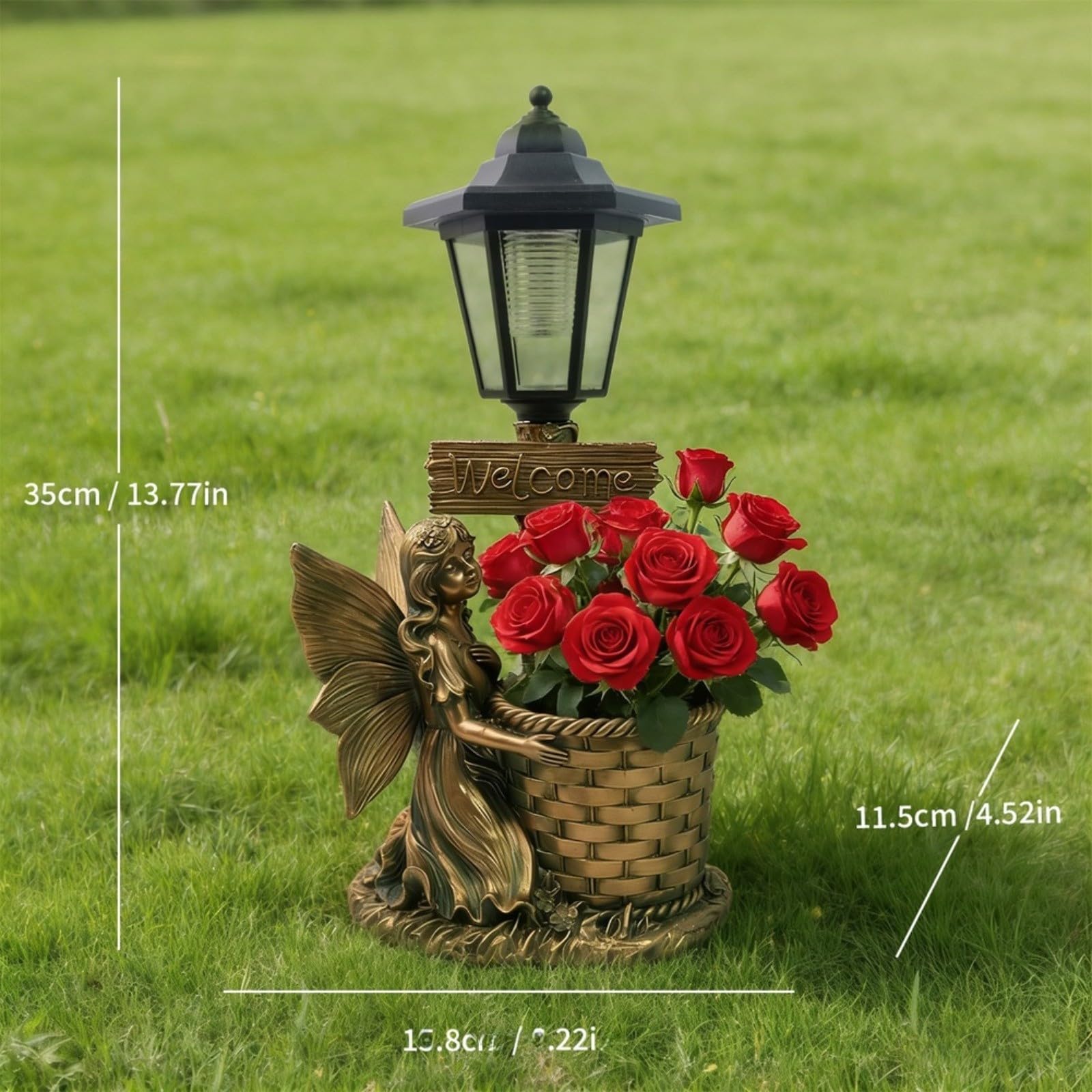 Maceta solar de resina de estilo europeo, estatua de jardín decorativa hecha a mano con luz nocturna LED, IP44 impermeable, decoración de paisaje al aire libre para patio, acabado de cobre (D)