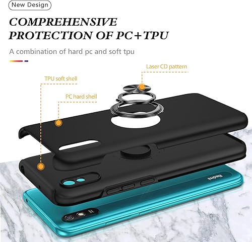 Miniatura 5 de Asuwish Funda compatible con Xiaomi Redmi 9A Redme 9i y protector de pantalla de vidrio templado, soporte de anillo magnético delgado, accesorios