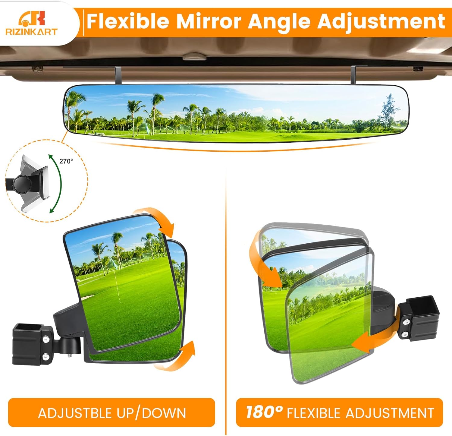 Golf Cart Mirrors Kit, 180 Degree Rotation Side Mirrors & Panoramic Convex Rear View Mirror Universal fit EZGO, Club Car, Yamaha,Shatterproof HD-Glass Mirrors Golf Cart Accessories