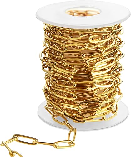 Cadena de clip ovalada de 24 pies en acero inoxidable dorado y plateado de 0.146in de ancho, cadena plana de joyería para hacer pulseras de mujer (A