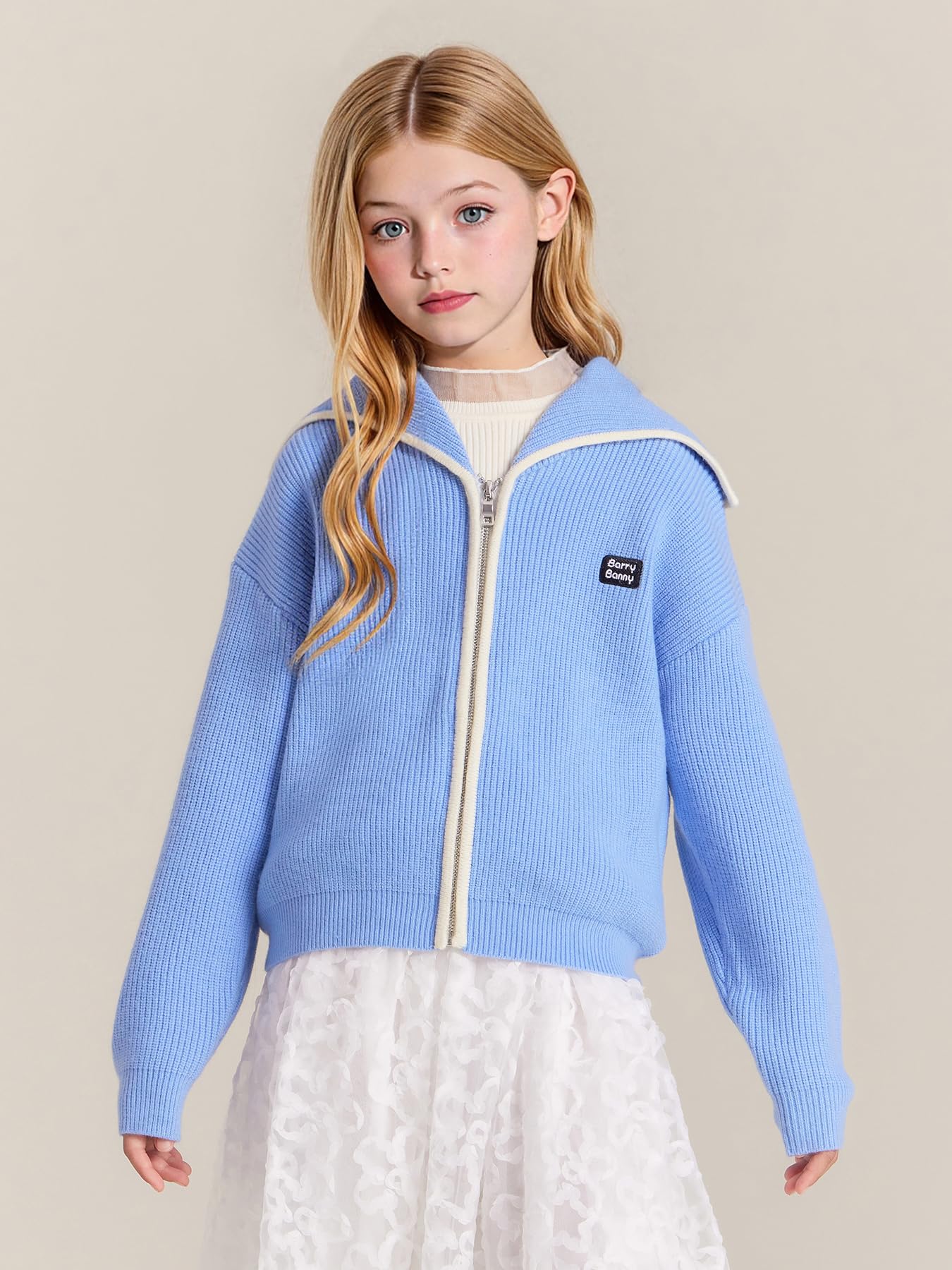 Barry Banny Chaqueta tipo cárdigan para niña de 6 a 16 años, cárdigan con solapa azul cielo, jersey para niños