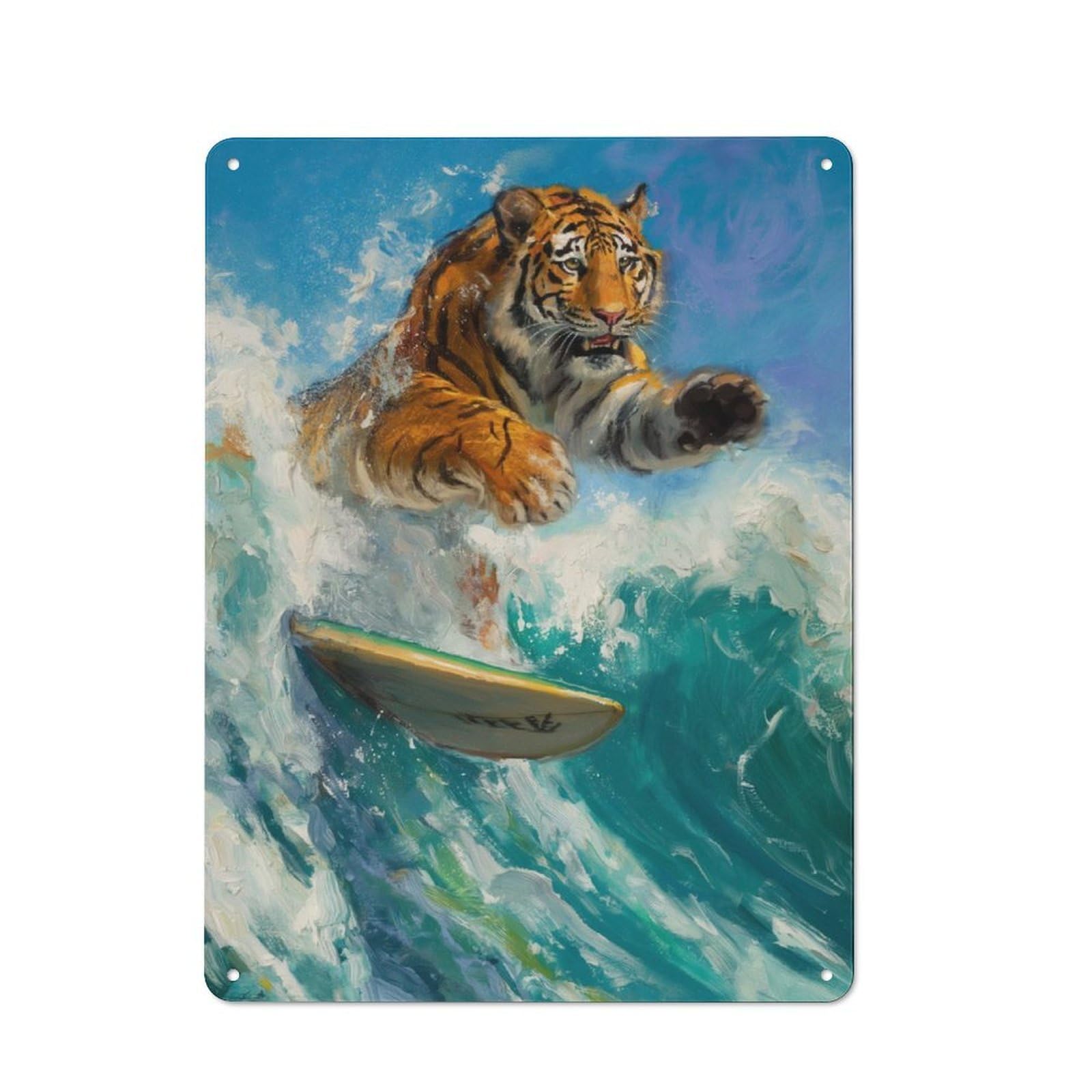 Decorative Metal Plaque with Tiger Surfer Surfing Waves Design 40x30cm, Casual Utility Space Decor for Patio Bar, Workshop, Shed Or Kitchen