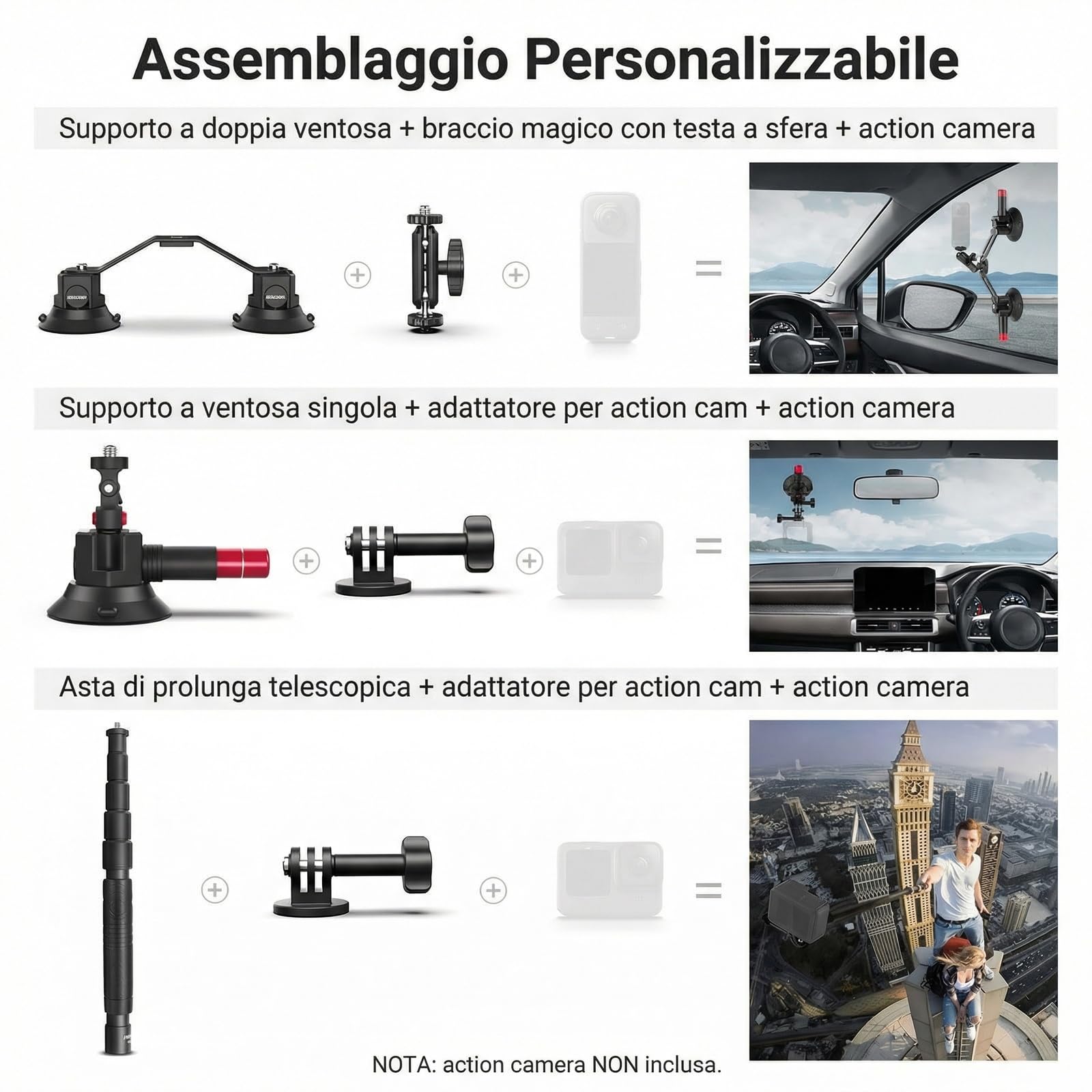 NEEWER Treppiede a Ventosa Tripla per Auto Compatibile con Insta360 X5 X4, GoPro, DJI OSMO 360, Kit Montaggio,Braccio Flessibile e Sgancio Rapido, Asta Estensibile 2in1/Monopiede per Selfie, CA065