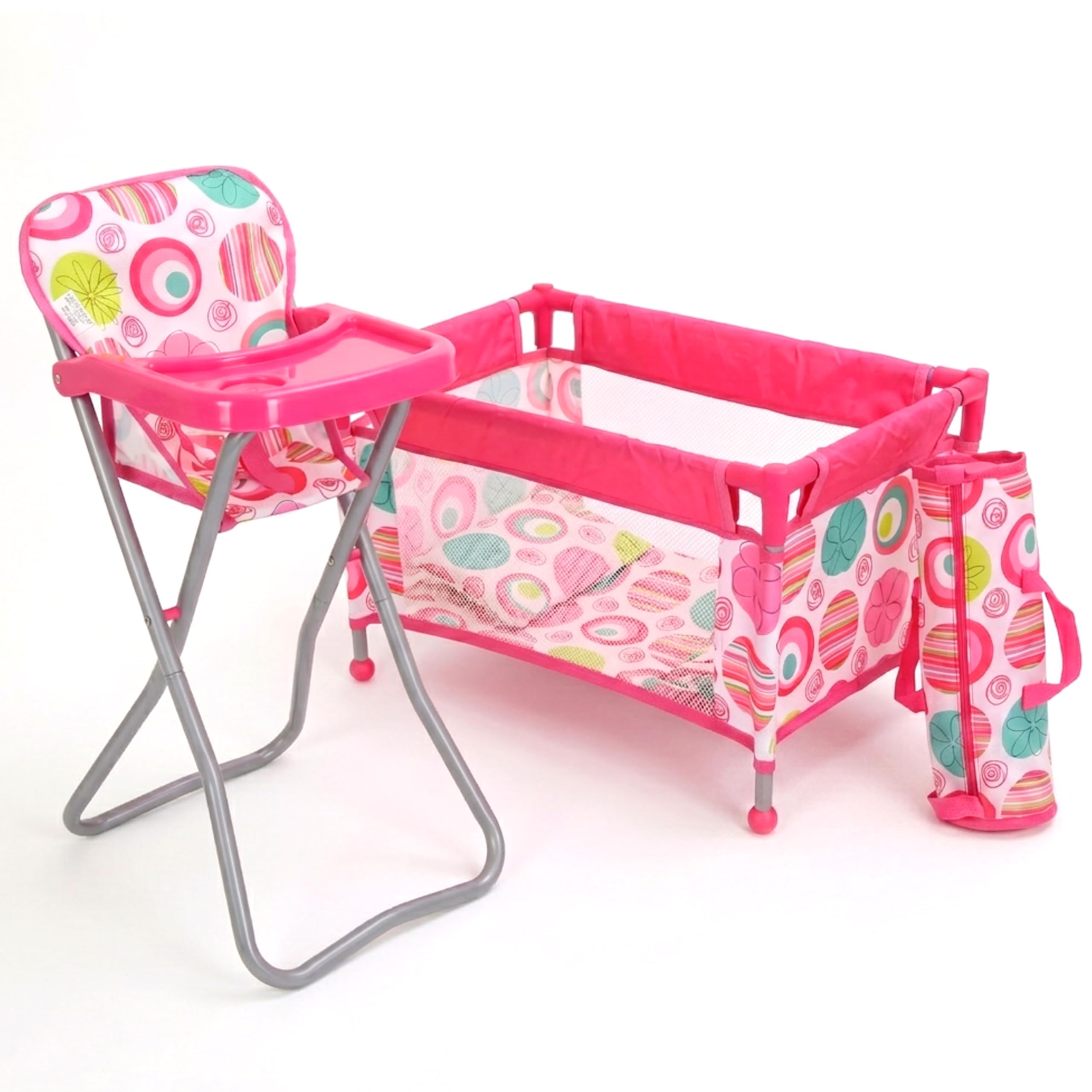 BiBi Doll Travel High Chair & Cot Bed Set with Carry Bag, Feeding Tray & Bedding - Folding Nursery Furniture for Dolls up to 20" - Pink Patterned Baby Doll Accessories for Girls & Boys Aged 3+