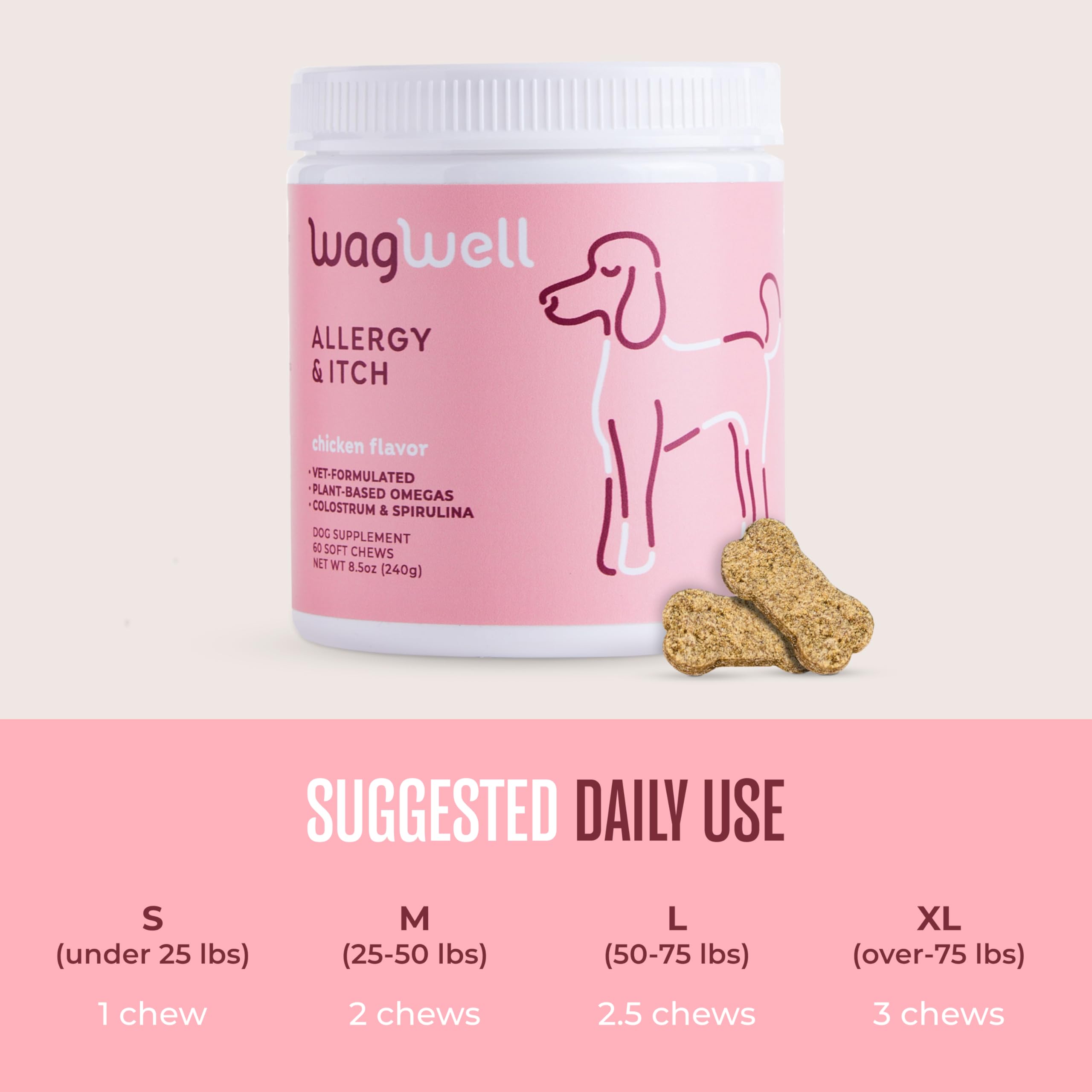 WagWell Allergies et démangeaisons à mâcher – Aromatisé au poulet – À base de plantes avec du colostrum et de la spiruline – Complément alimentaire pour la peau et le pelage de chien pour soulager les