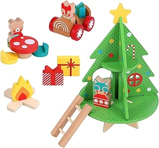 Petit Collage: Christmas Treehouse Wooden Play Set – Eco-Friendly FSC Wood Toy for Toddlers 12mo+ – Features Treehouse with Ladder, Animal Figures, Yule Log Car,Table & Accessories – Cozy