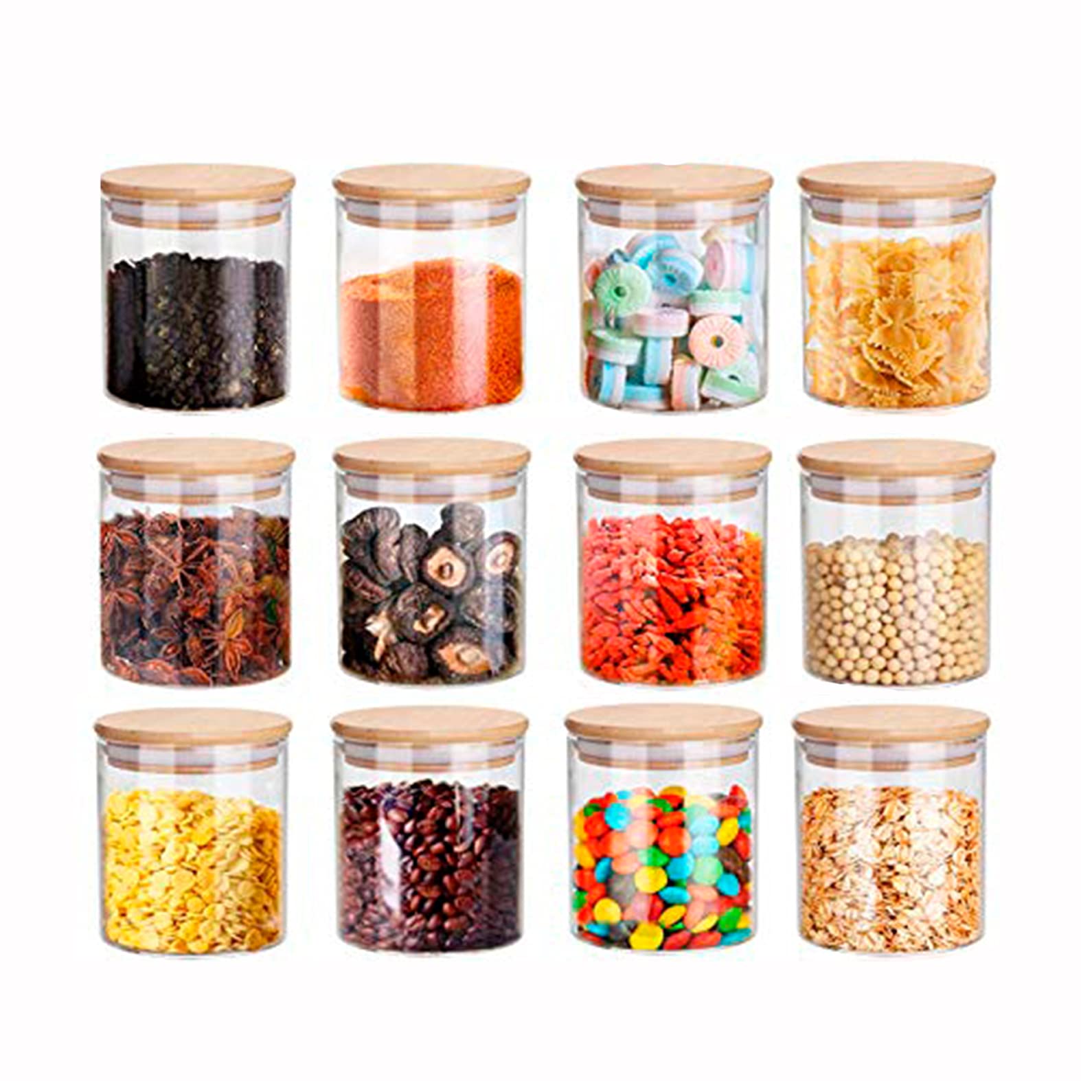 BBA SUNRISESet of 12 Glass Jars with Lids, 8.5 oz glass containers with bamboo lids for spices, cereals, pasta, tea, coffee, flour, candy or anyting you need, Airtight lids for food storage