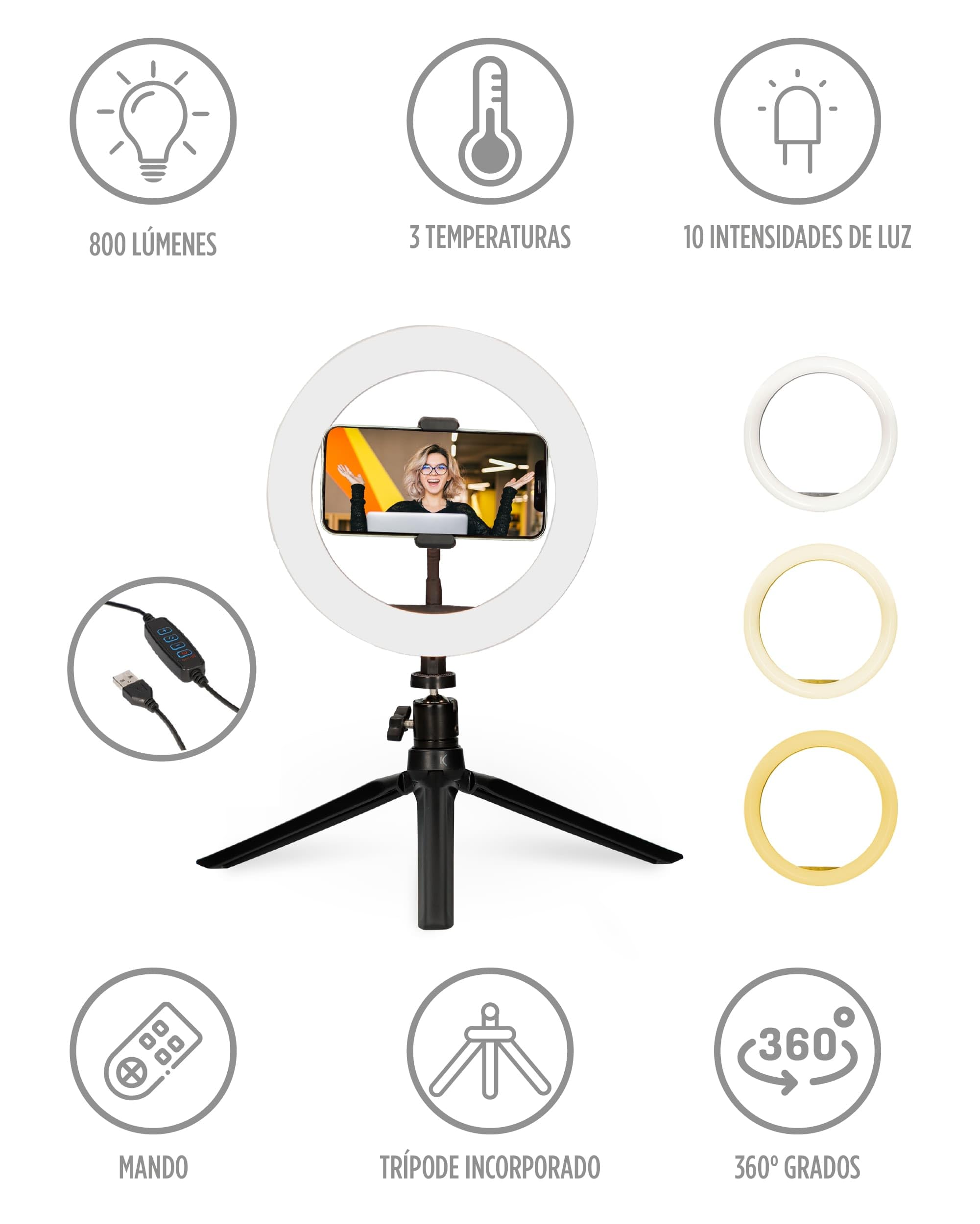 Ksix Kit Studio Live Bague LED avec trépied pour smartphone
