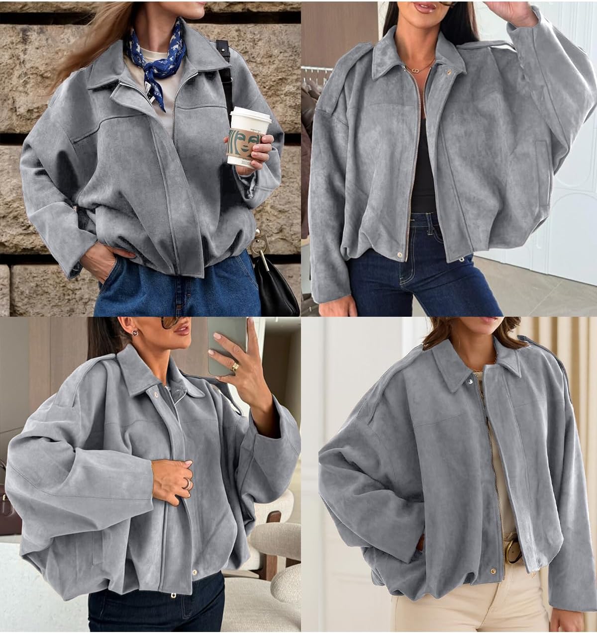 EVALESS Womens Faux Suede Bomber Jackets Long Sleeve Spring Coats Zip Up Cropped Jacket Trendy Outerwear with Pockets - Image 6