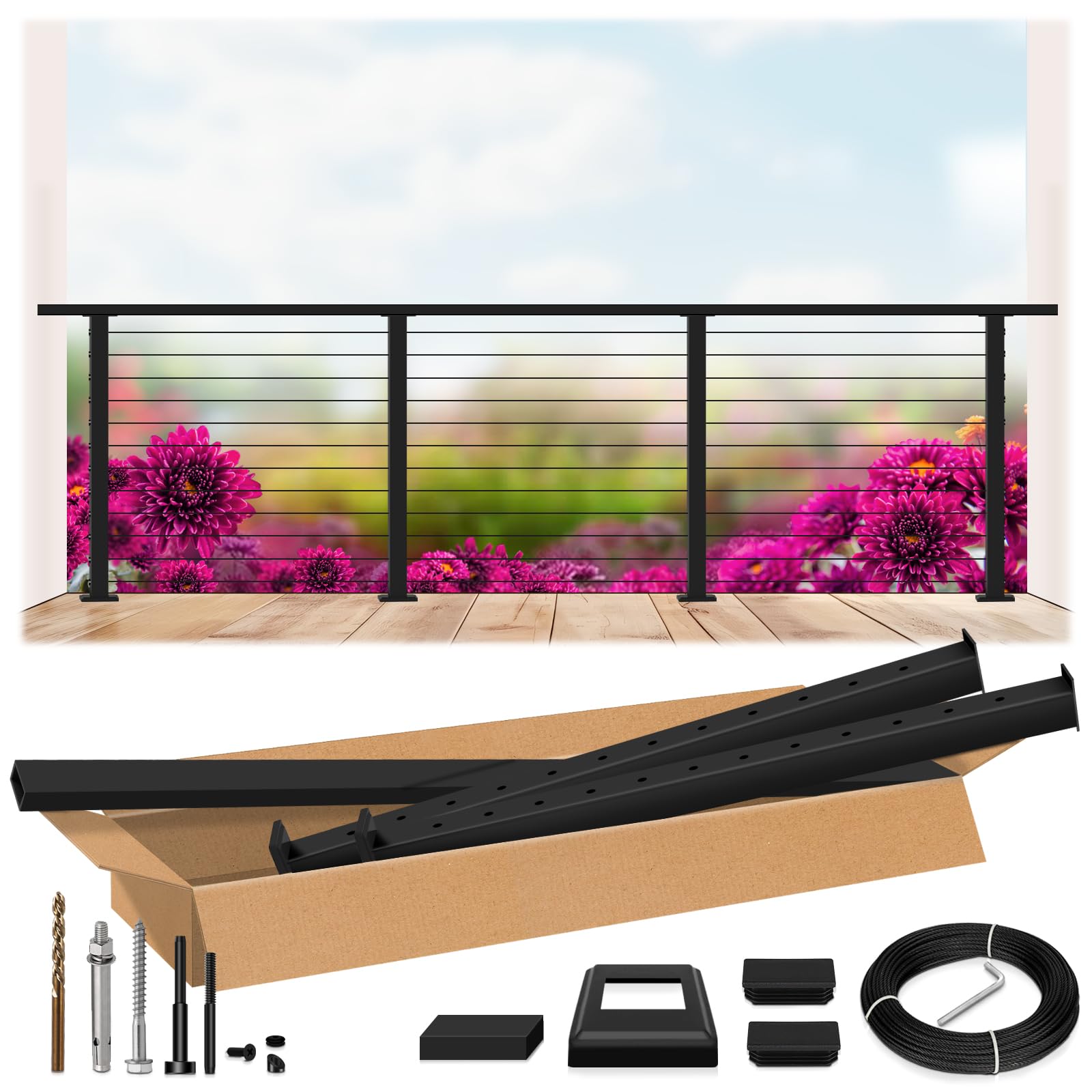 8ft-12ft Complete Set 42" Deck Cable Railing System with Handrail Cuttable, T304 Stainless Steel Black Level Drilled Cable Railing Posts Kit with 1/8" Cable Railing Hardware for Outdoors