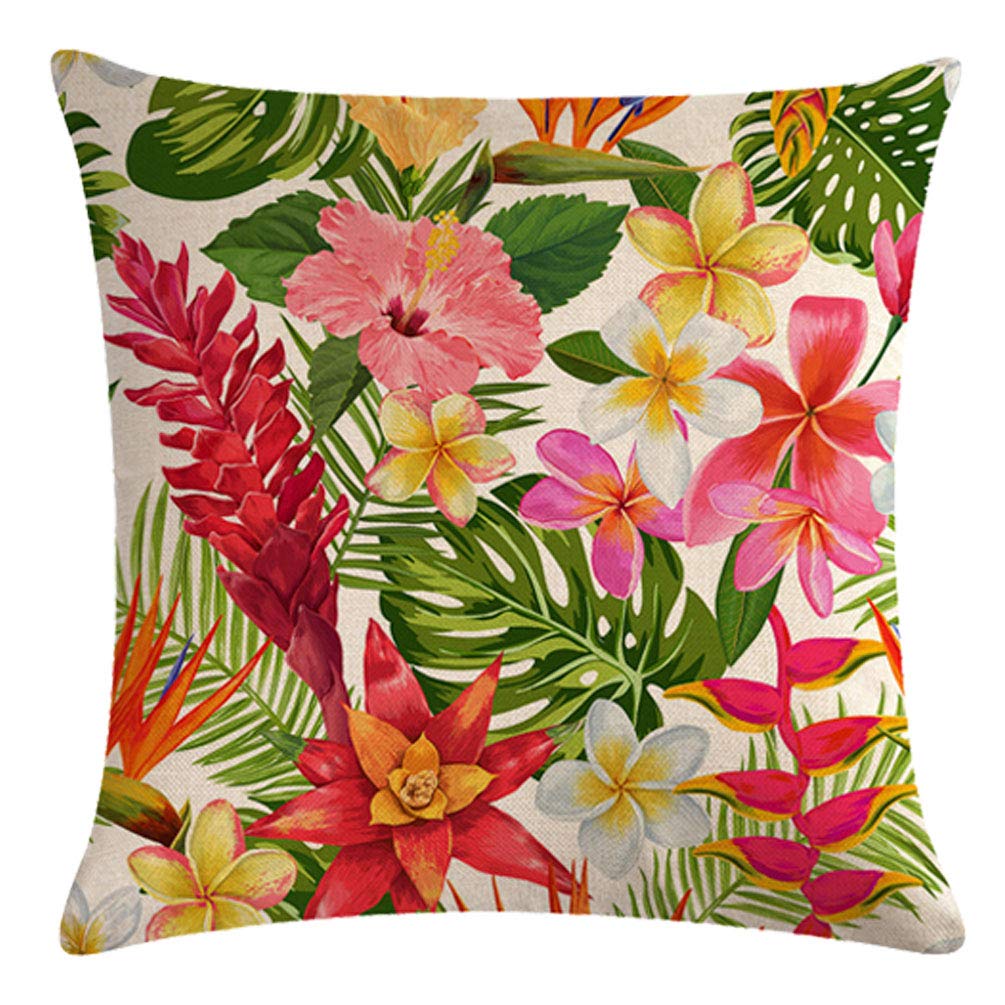 7COLORROOM Set of 4 Tropical Leaves Throw Pillow Covers Parrot &Turtle Leaf &Red Flower Pattern Pillowcases Home Decorative Cotton Linen Cushion Covers 18 X 18 Inch (Parrot) 4
