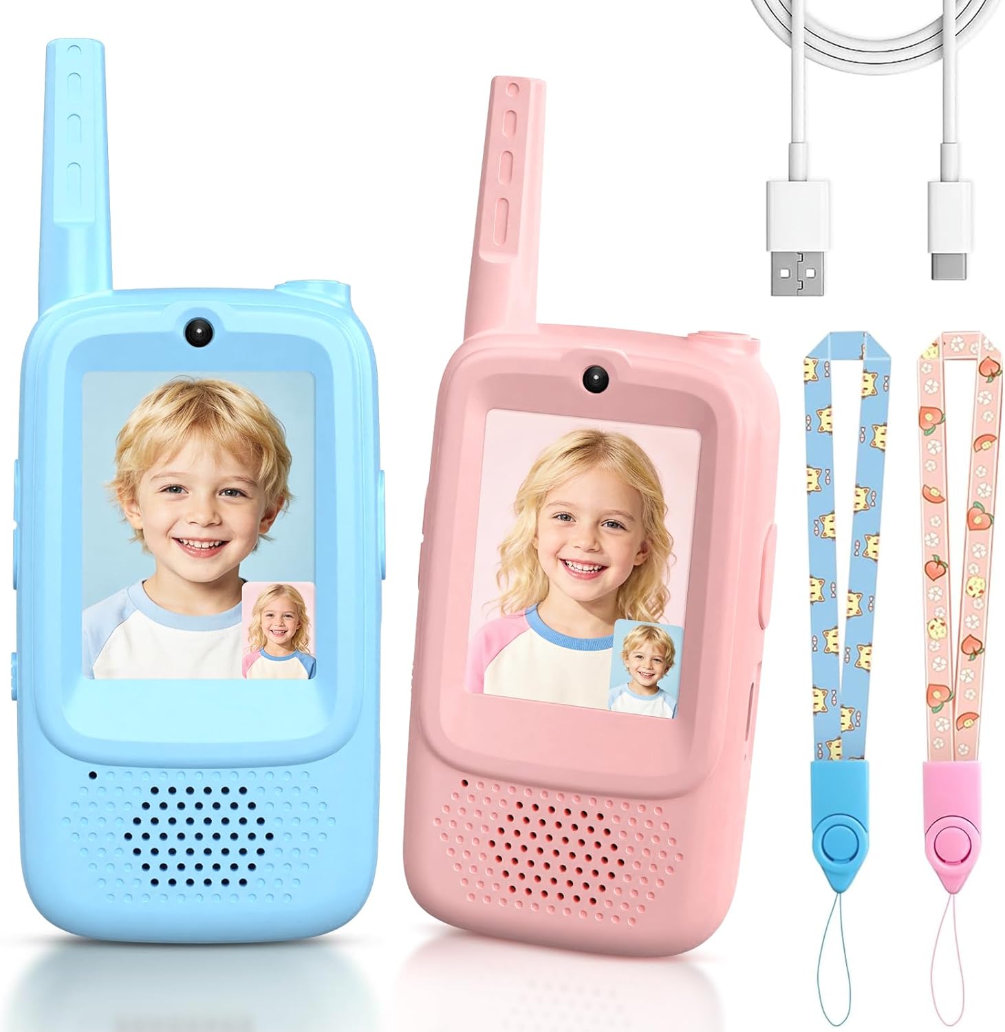 Video Walkie Talkies for Kids, 2 Pack Rechargeable Kids Walkie Talkies with Video Intercom Voice Changer, Indoor Outdoor Toy for Family Games, Camping, Hiking Toy for Boys Girls Ages 3-10 (Blue/Pink)