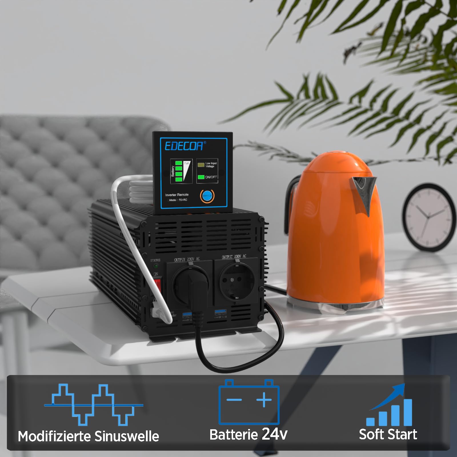EDECOA Wechselrichter 2000w 24v 230v Spannungswandler mit Neuer Fernbedienung 2X USB und Bildschirm für Sonnenkollektor KFZ Wohnmobi (2000w)