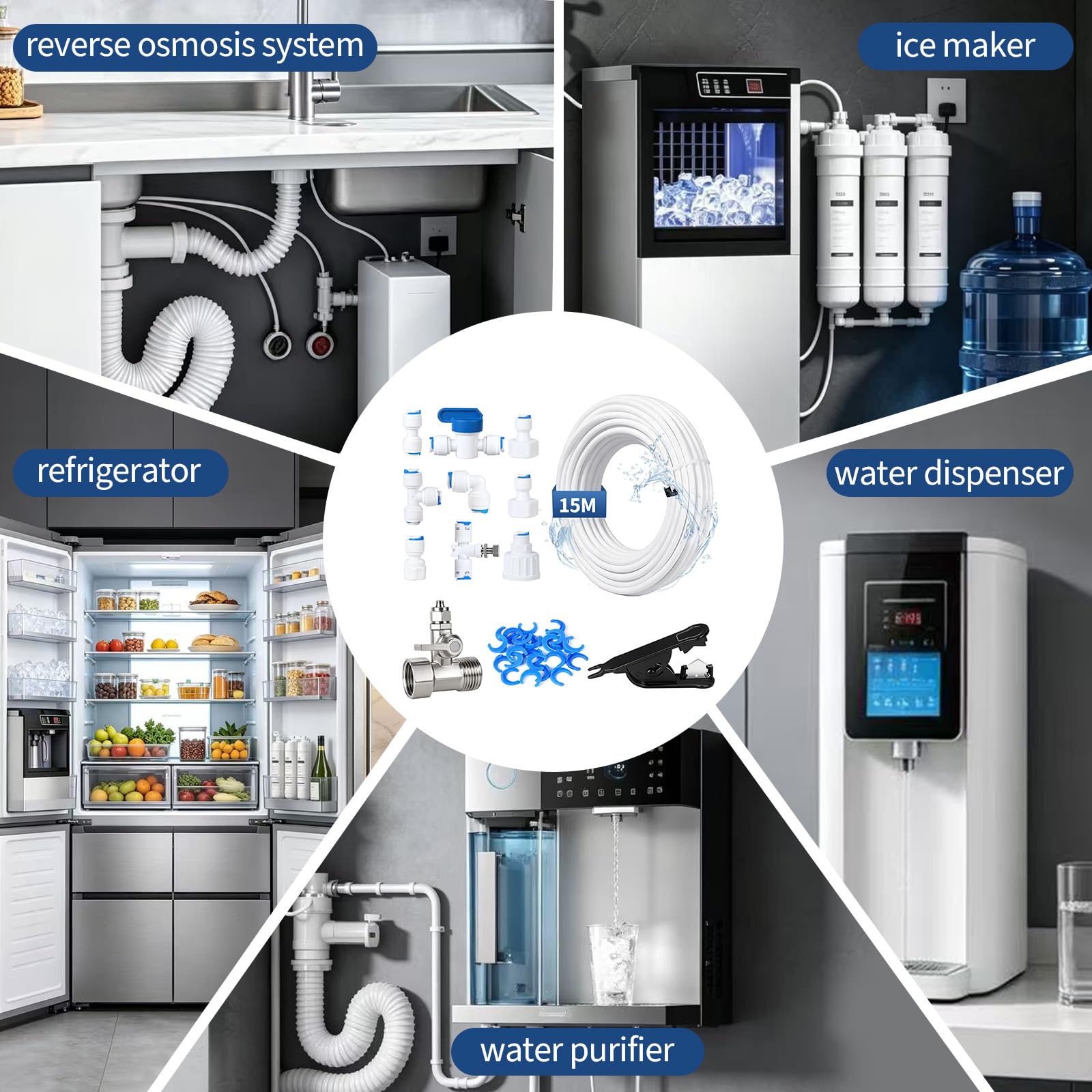 EFUTURETIME 30M Juego de Conexión Universal de 1/4" Tubo para Sistemas de Osmosis Inversa, Manguera de Suministro de Agua con Válvula de Cierre para Frigorífico, Purificadores
