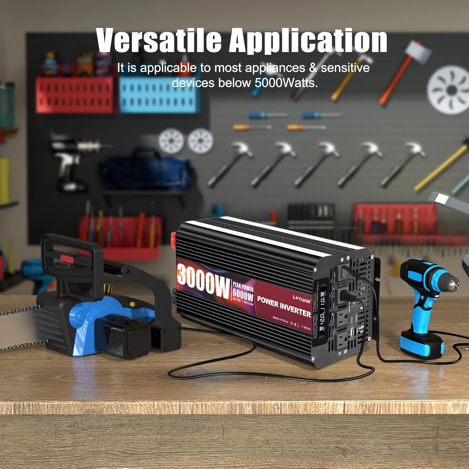 LVYUAN 3000 Watt Power Inverter powering a chainsaw and a drill, demonstrating its versatile application for power tools.
