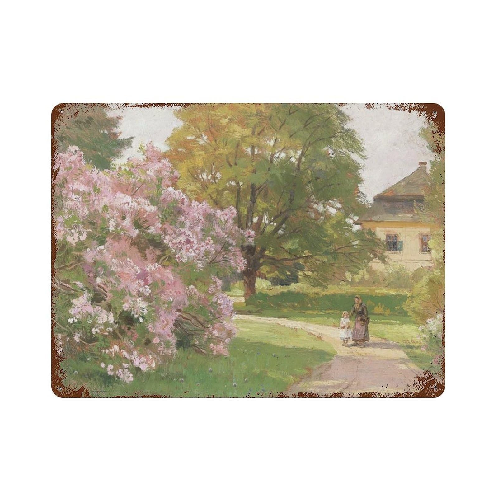 xiaoxiaoshen Pink Blossoming Bush Along A Village Path Painting Rustic Kitchen Fine Wall Decor Art Metal Tin Poster Modern Home Decor Art Home Bar Shop Decorations Vintage Sign 30x40cm